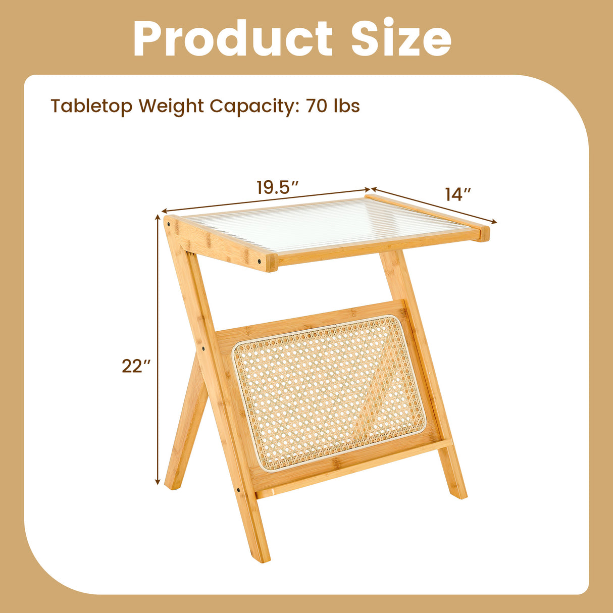 Boho End Table with Magazine Rack and Tempered Glass Top