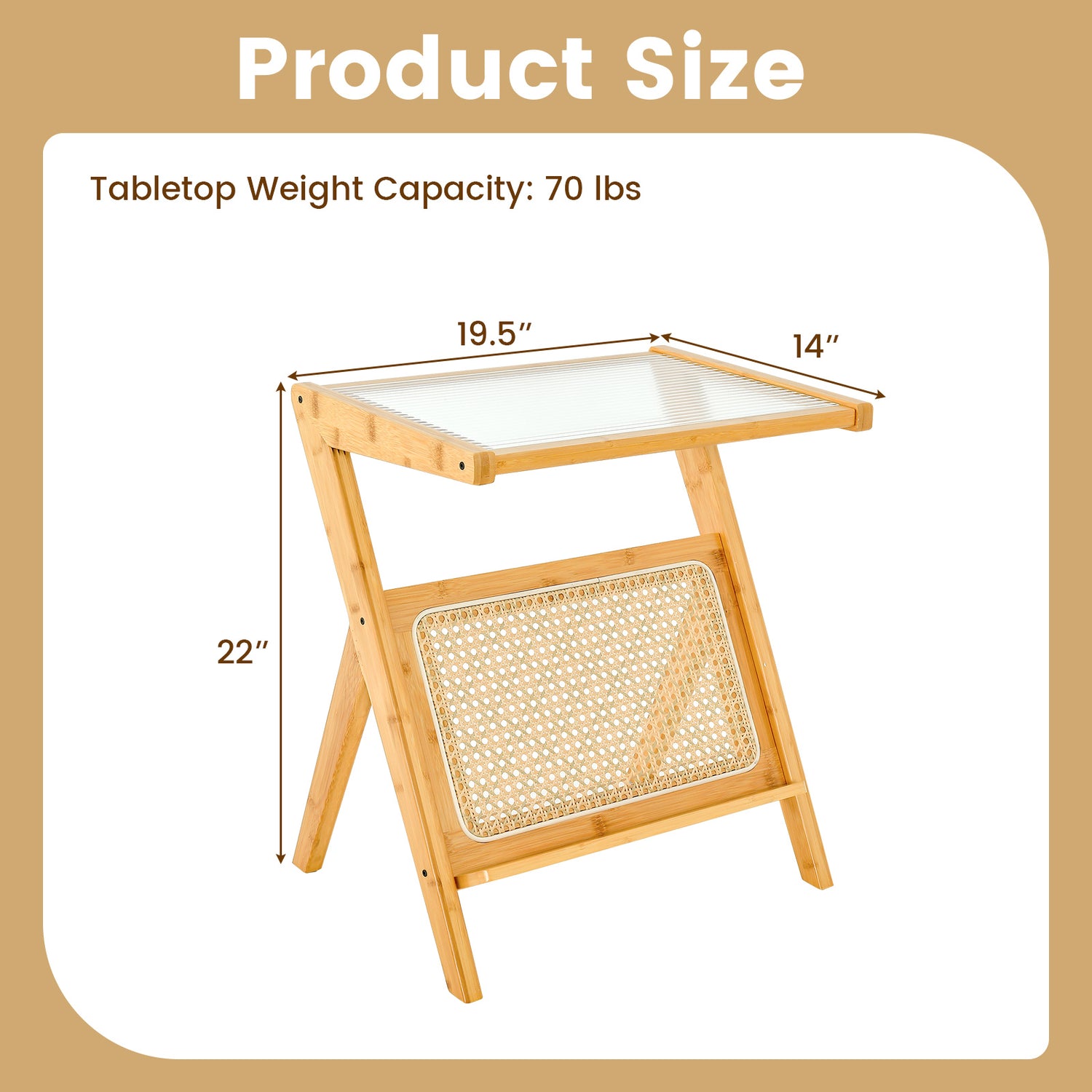 Boho End Table with Magazine Rack and Tempered Glass Top
