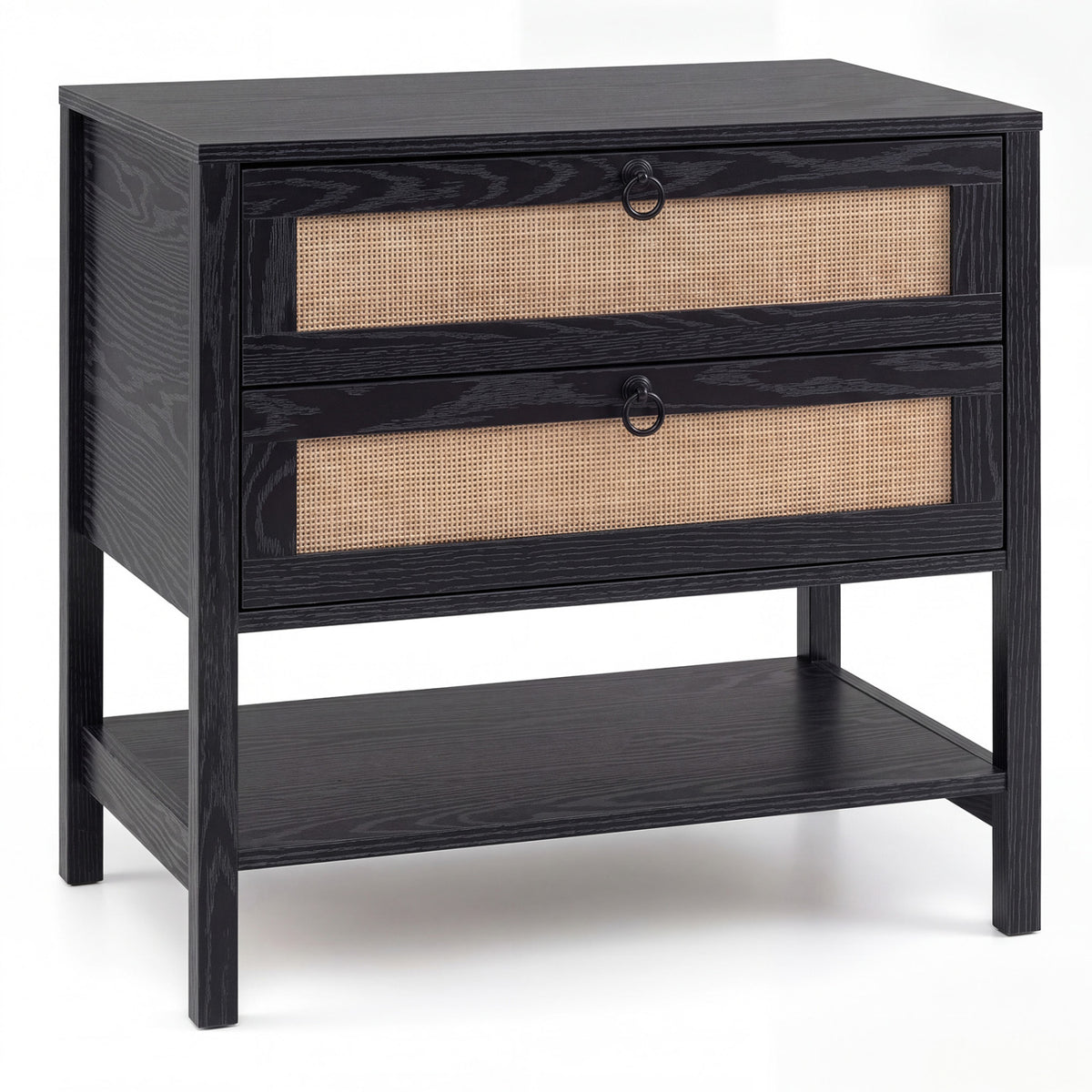 Boho Rattan Nightstand with 2 Drawers and Bottom Open Shelf