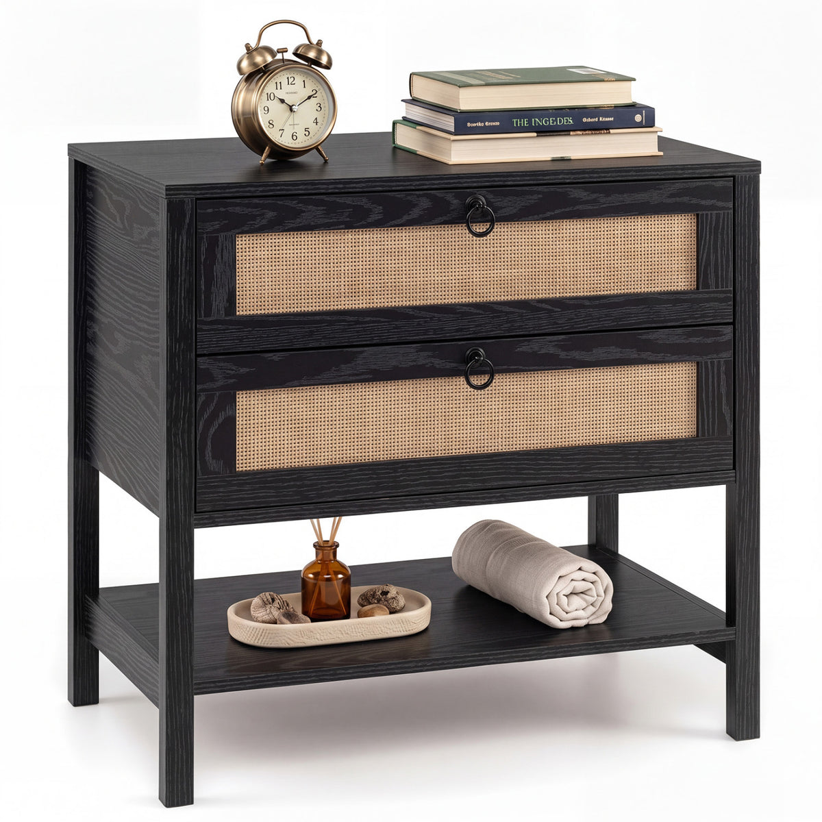 Boho Rattan Nightstand with 2 Drawers and Bottom Open Shelf