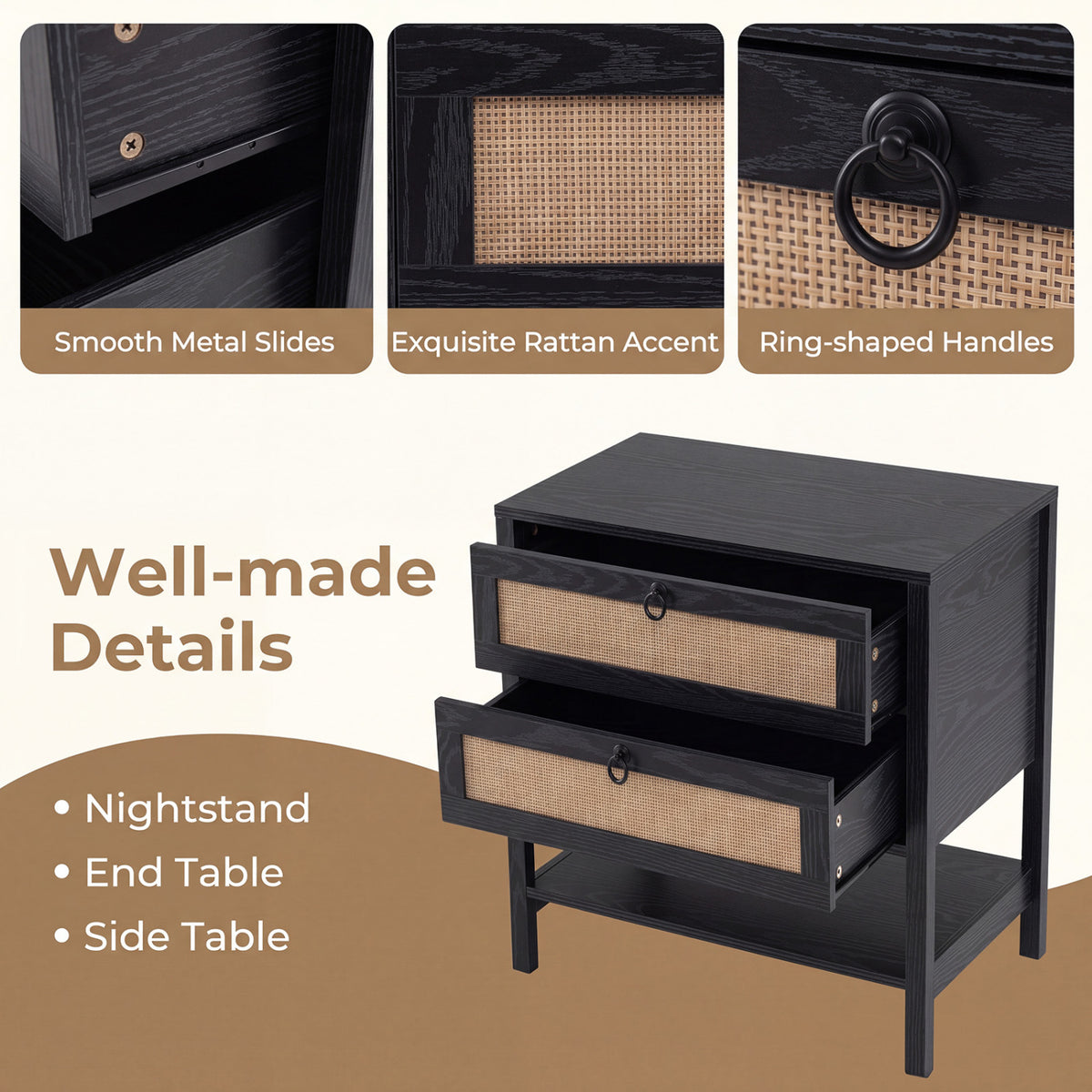 Boho Rattan Nightstand with 2 Drawers and Bottom Open Shelf