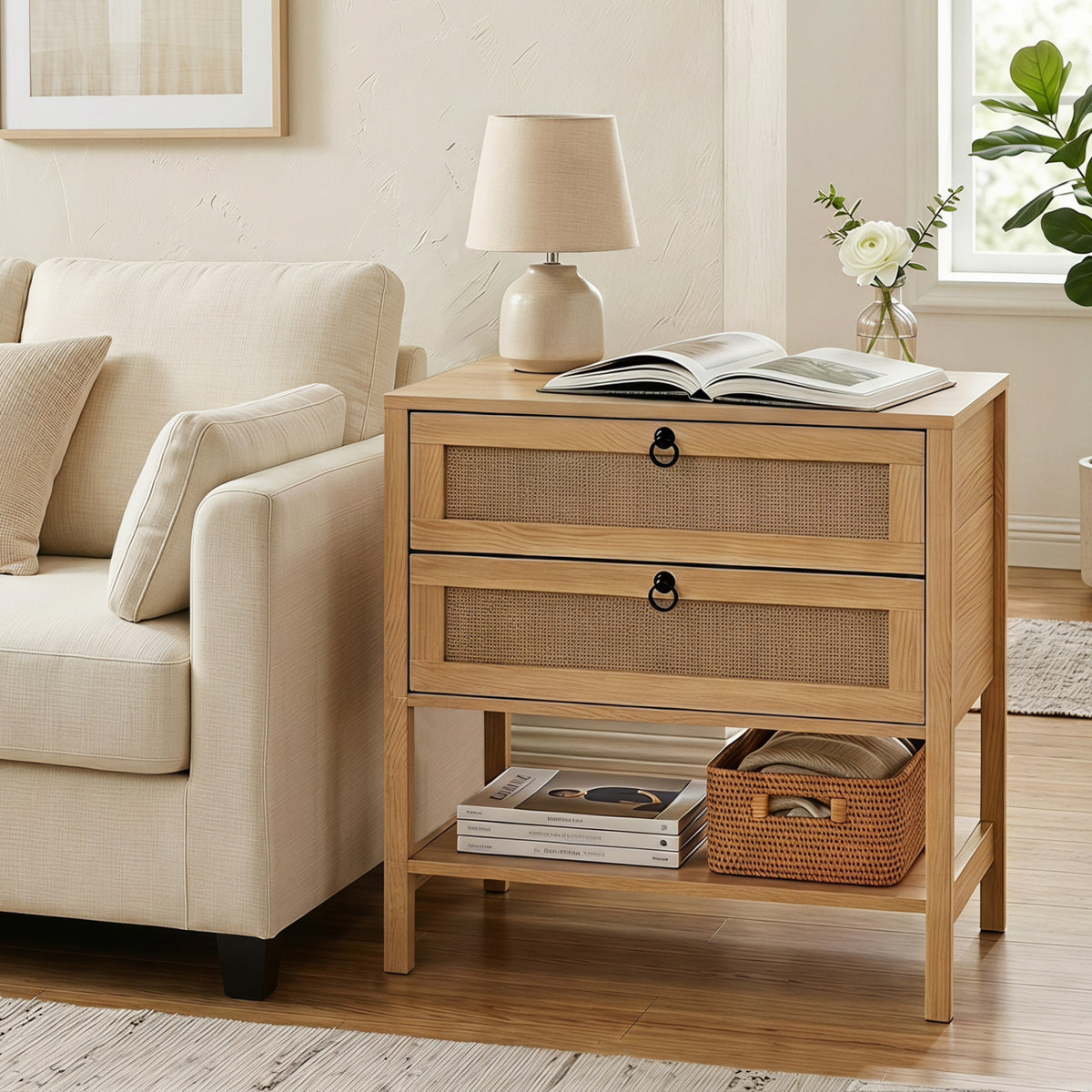 Boho Rattan Nightstand with 2 Drawers and Bottom Open Shelf