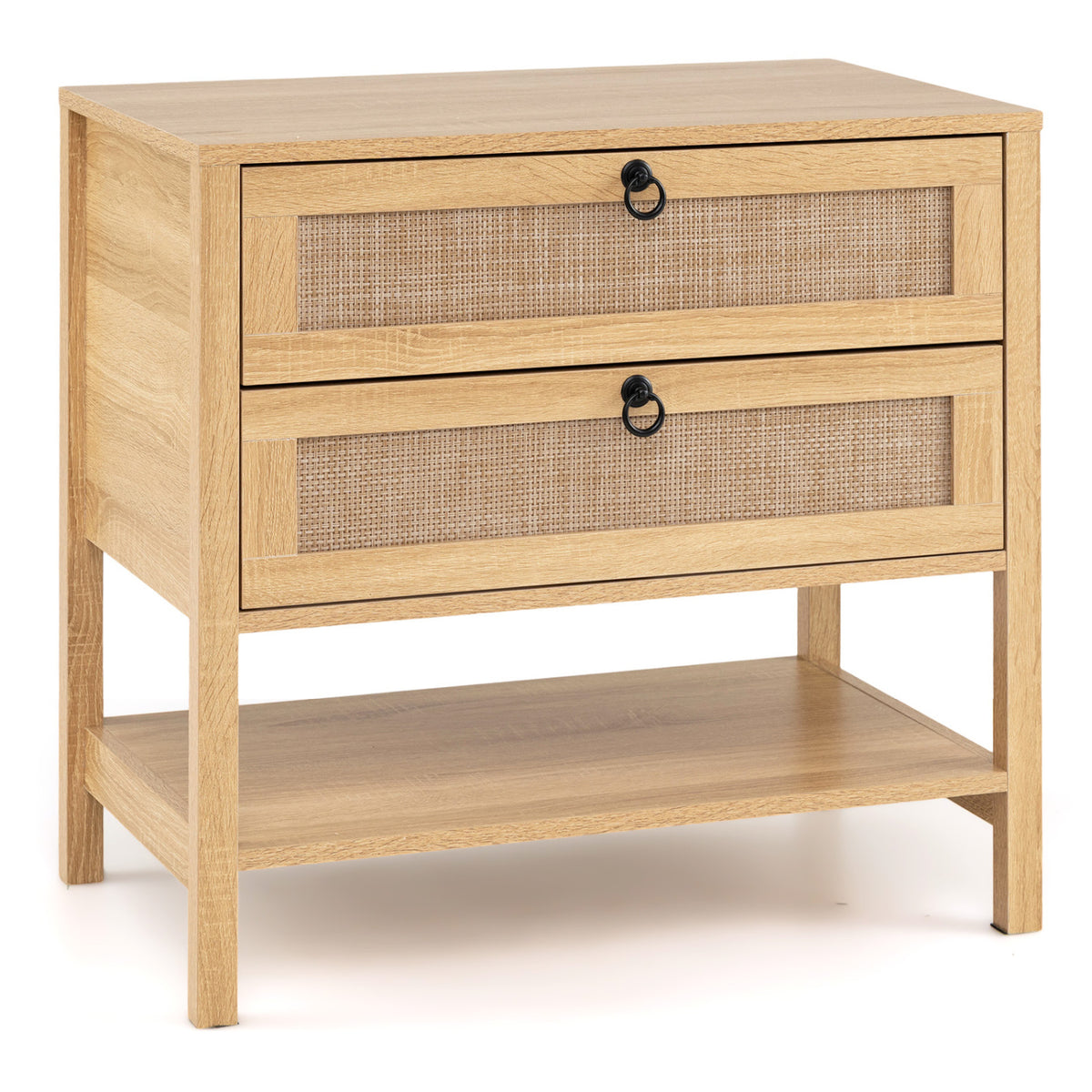 Boho Rattan Nightstand with 2 Drawers and Bottom Open Shelf