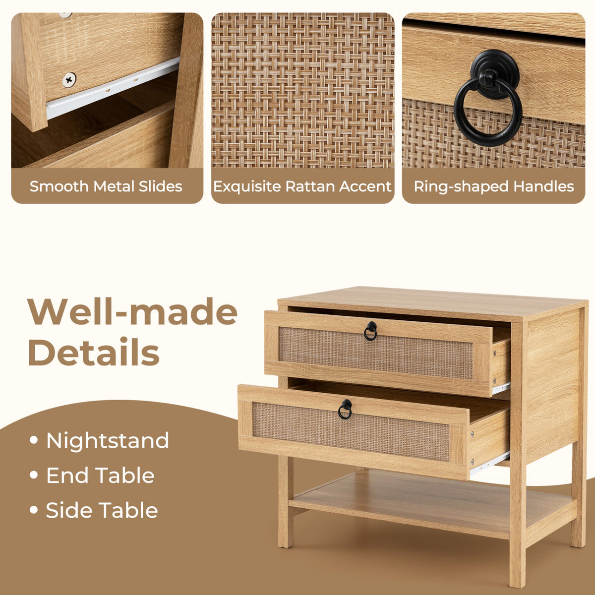 Boho Rattan Nightstand with 2 Drawers and Bottom Open Shelf