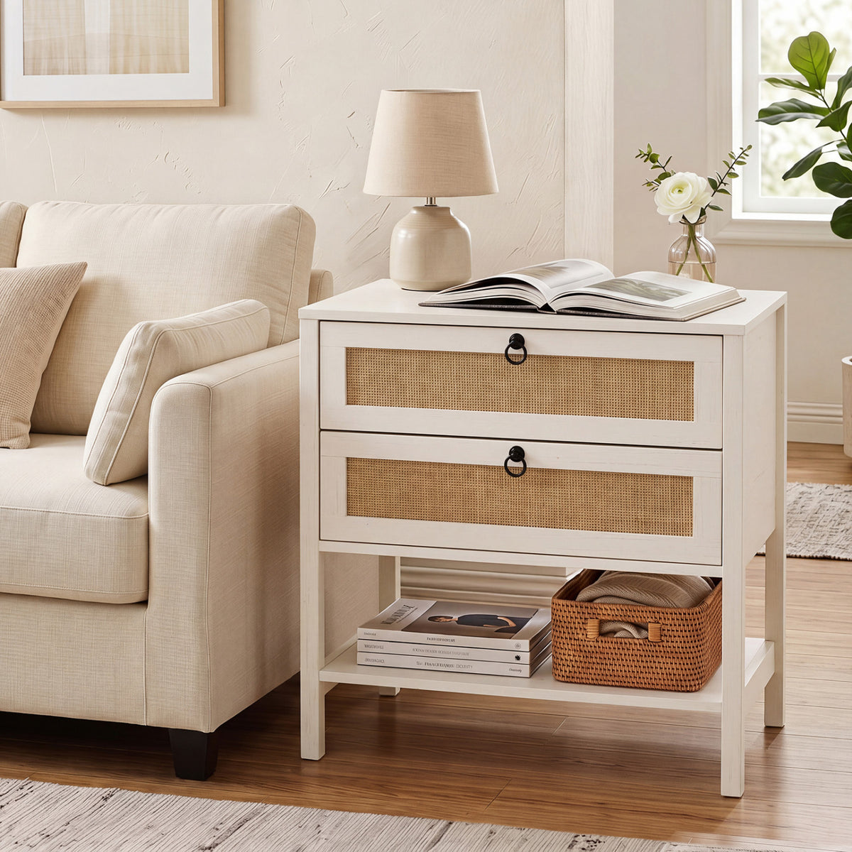 Boho Rattan Nightstand with 2 Drawers and Bottom Open Shelf