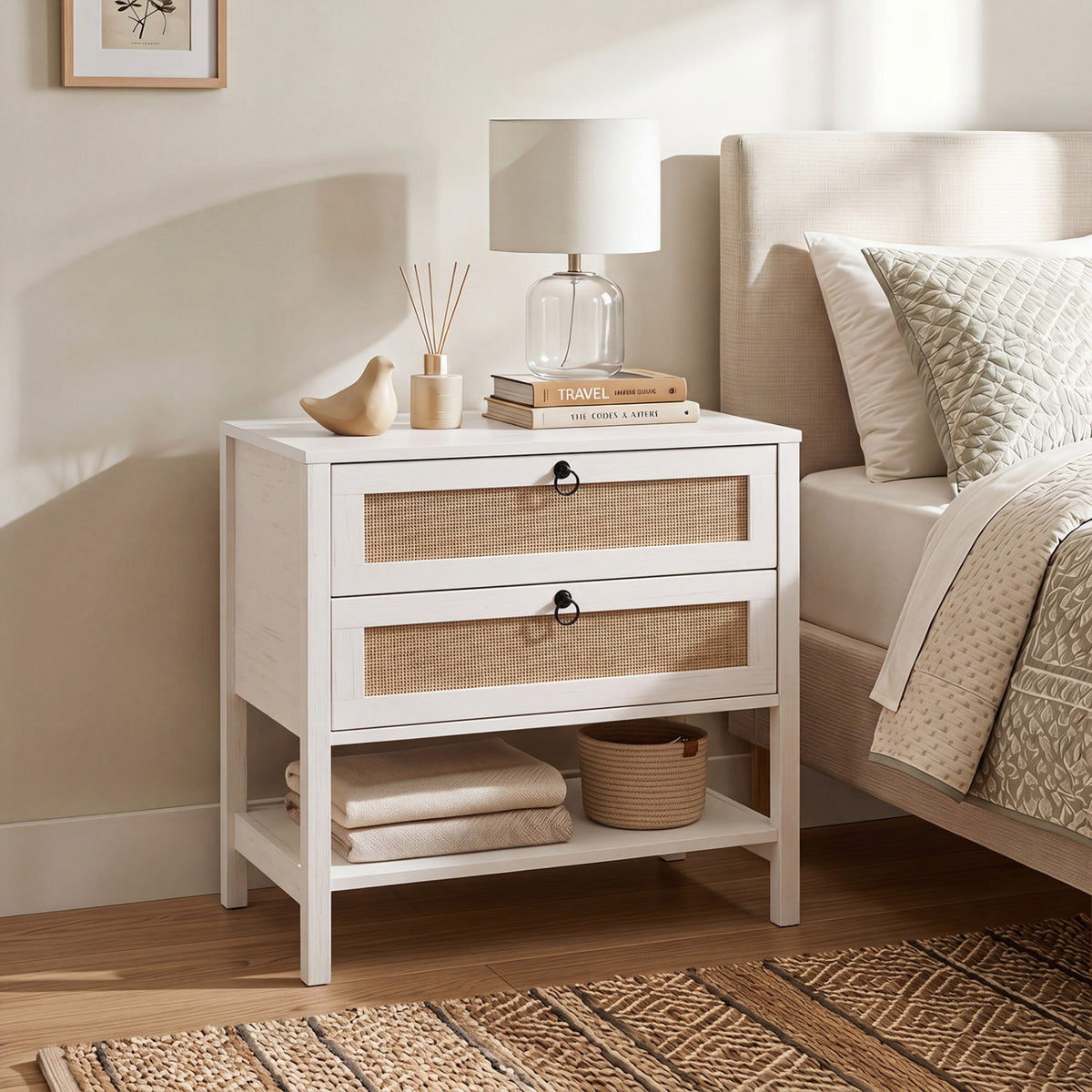 Boho Rattan Nightstand with 2 Drawers and Bottom Open Shelf