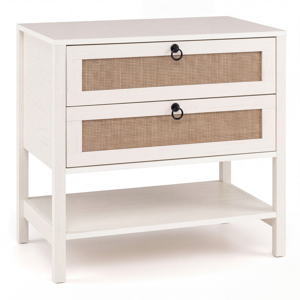Boho Rattan Nightstand with 2 Drawers and Bottom Open Shelf