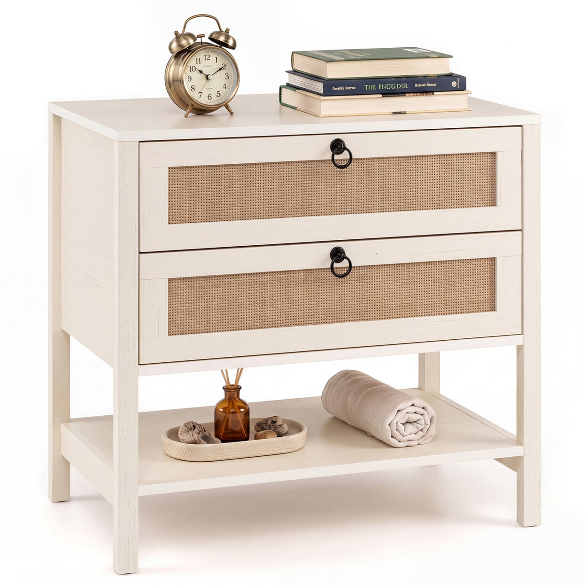 Boho Rattan Nightstand with 2 Drawers and Bottom Open Shelf