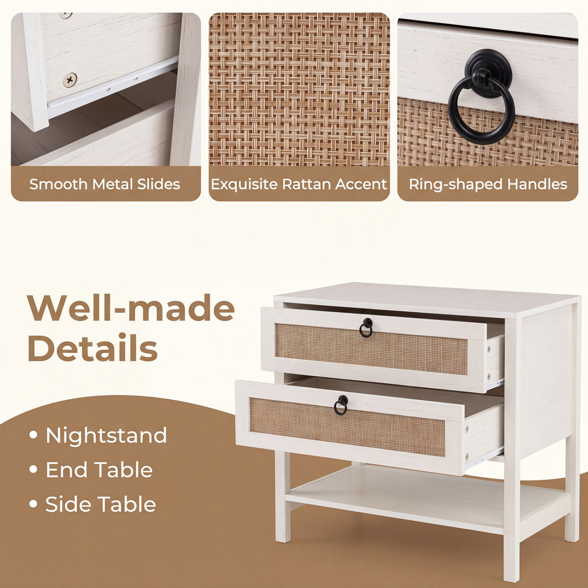 Boho Rattan Nightstand with 2 Drawers and Bottom Open Shelf