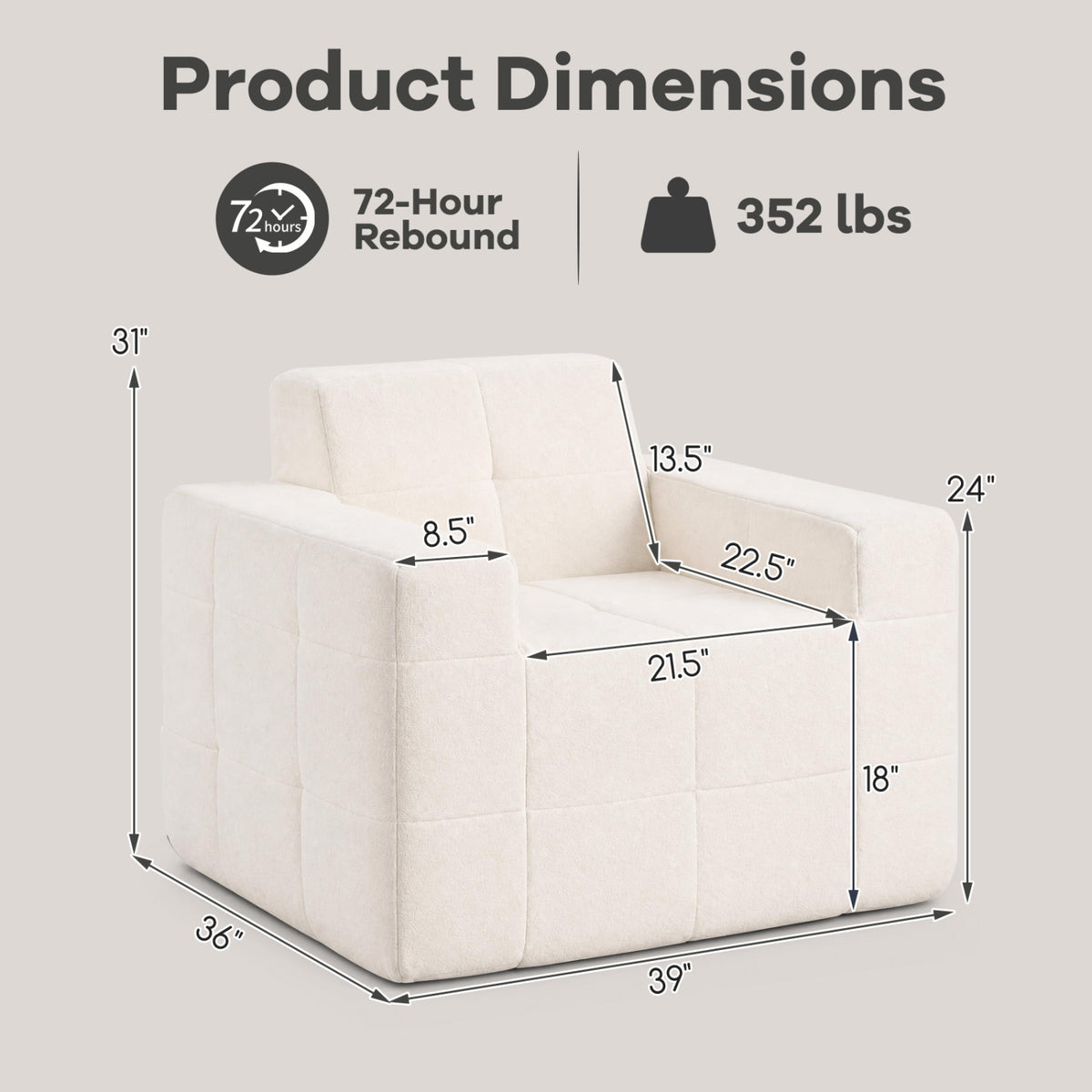 Boneless Single Sofa Chair Cloud Sofa with Terry Cloth Upholstery