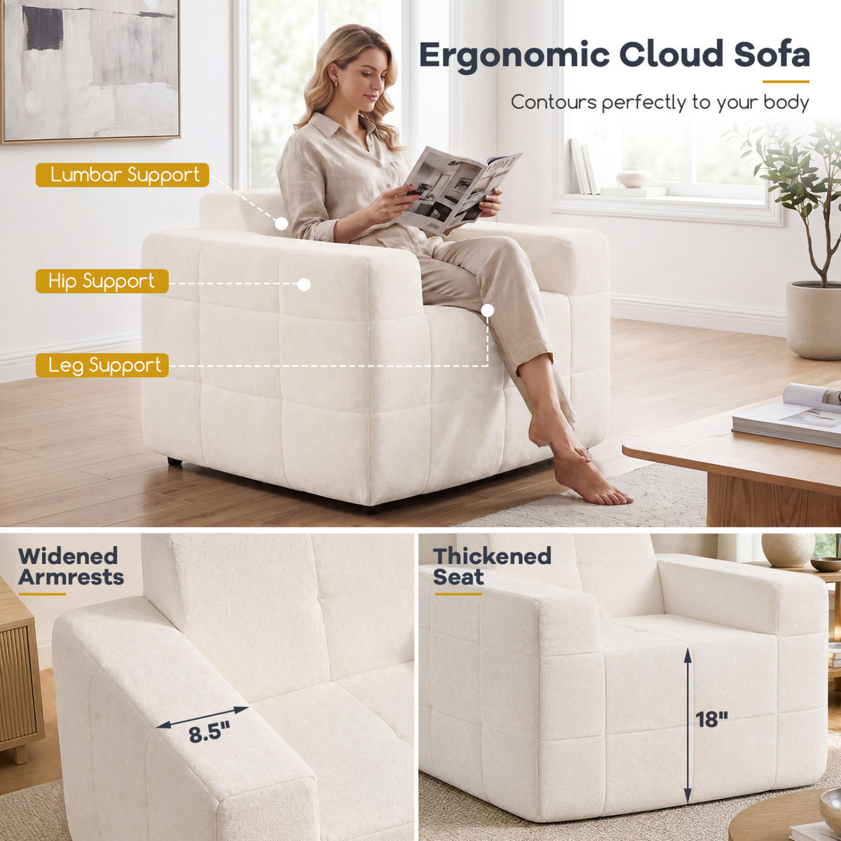Boneless Single Sofa Chair Cloud Sofa with Terry Cloth Upholstery