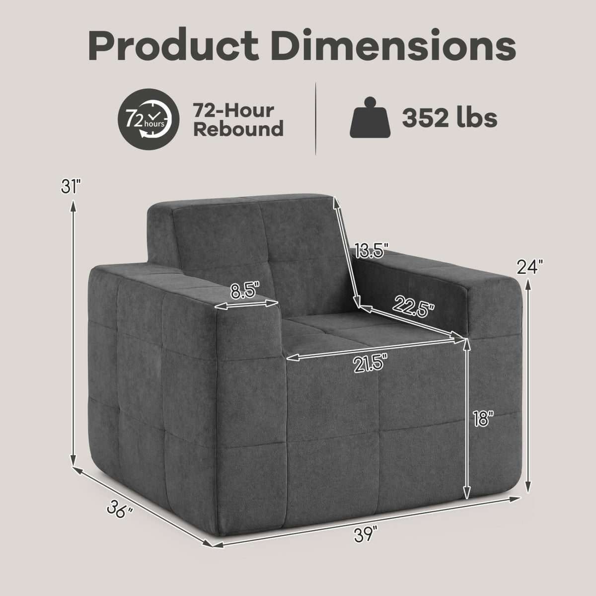 Boneless Single Sofa Chair Cloud Sofa with Terry Cloth Upholstery