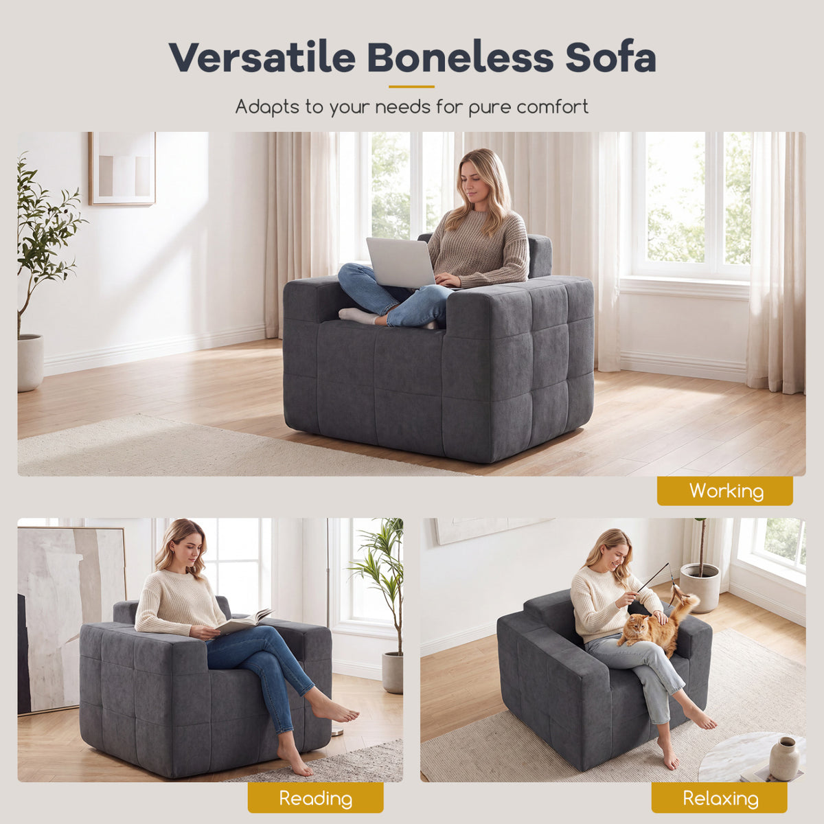 Boneless Single Sofa Chair Cloud Sofa with Terry Cloth Upholstery