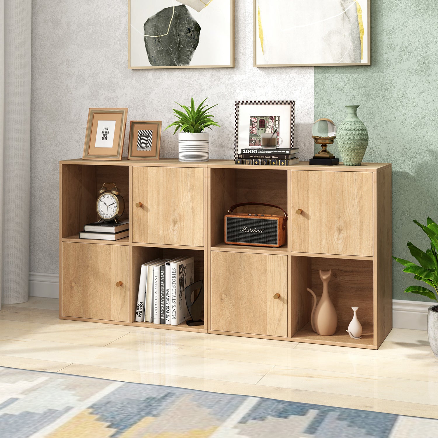 4-Cube Bookcase 3-Tier Bookshelf with Dual Anti-Tipping Kits and 2 Cabinets