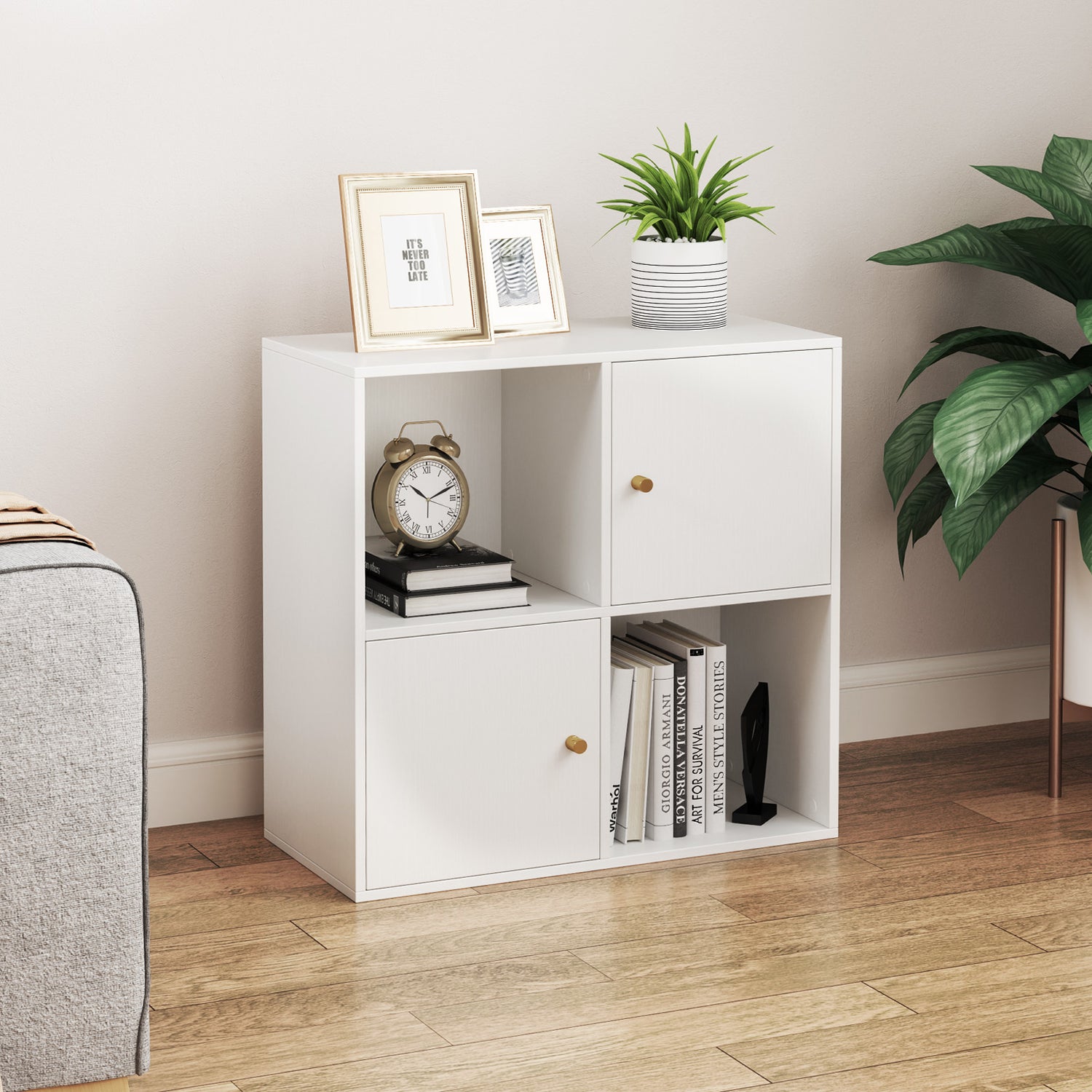 4-Cube Bookcase 3-Tier Bookshelf with Dual Anti-Tipping Kits and 2 Cabinets
