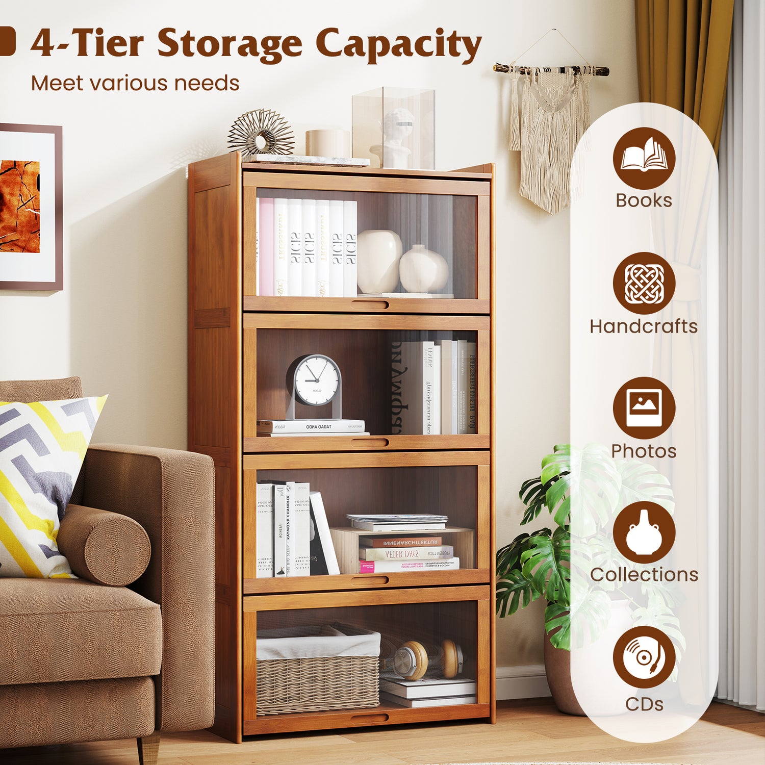 4-Tier Bamboo Bookcase with Doors for Study Room Living Room