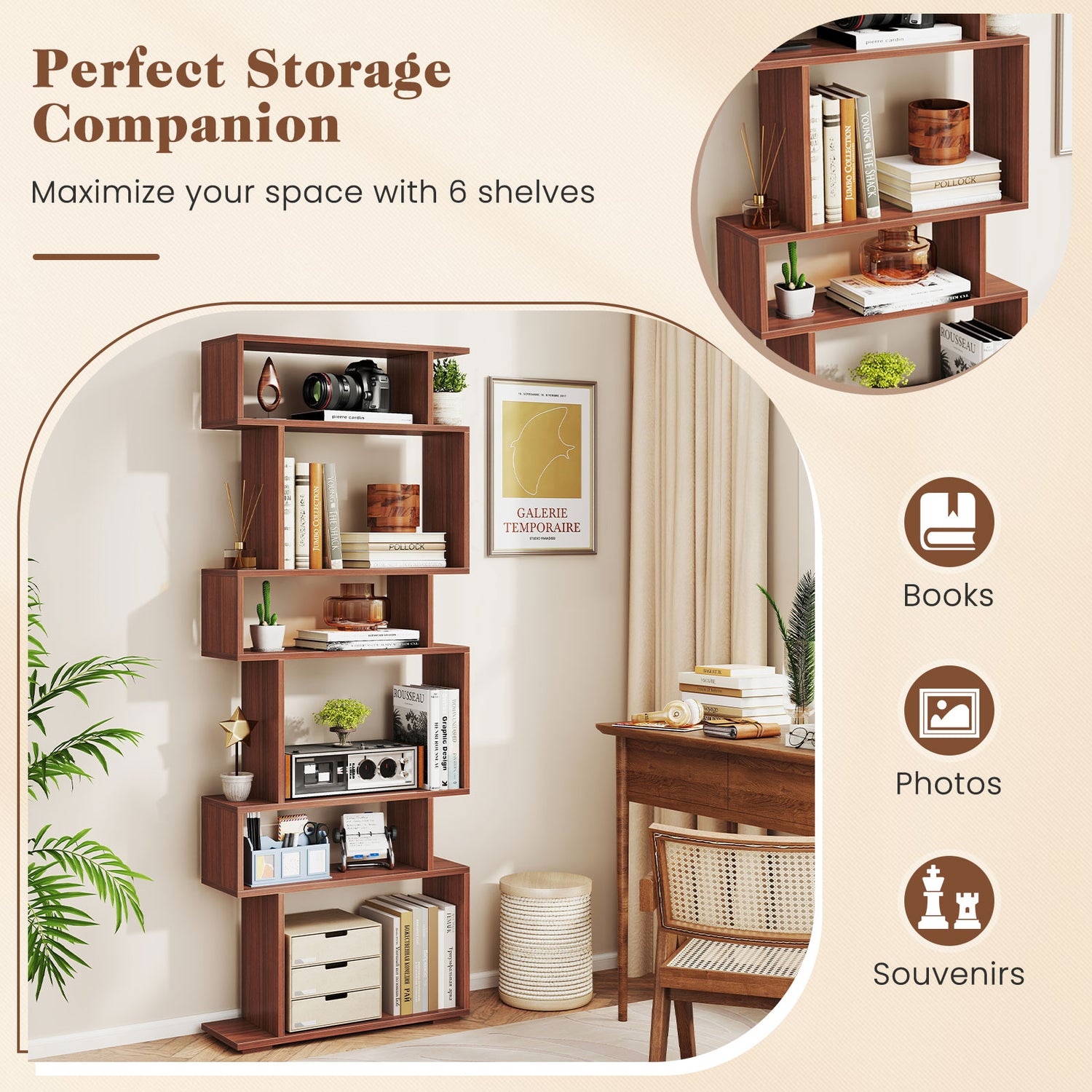 6-Tier Geometric Bookshelf with 2 Anti-Tipping Kits for Home Office
