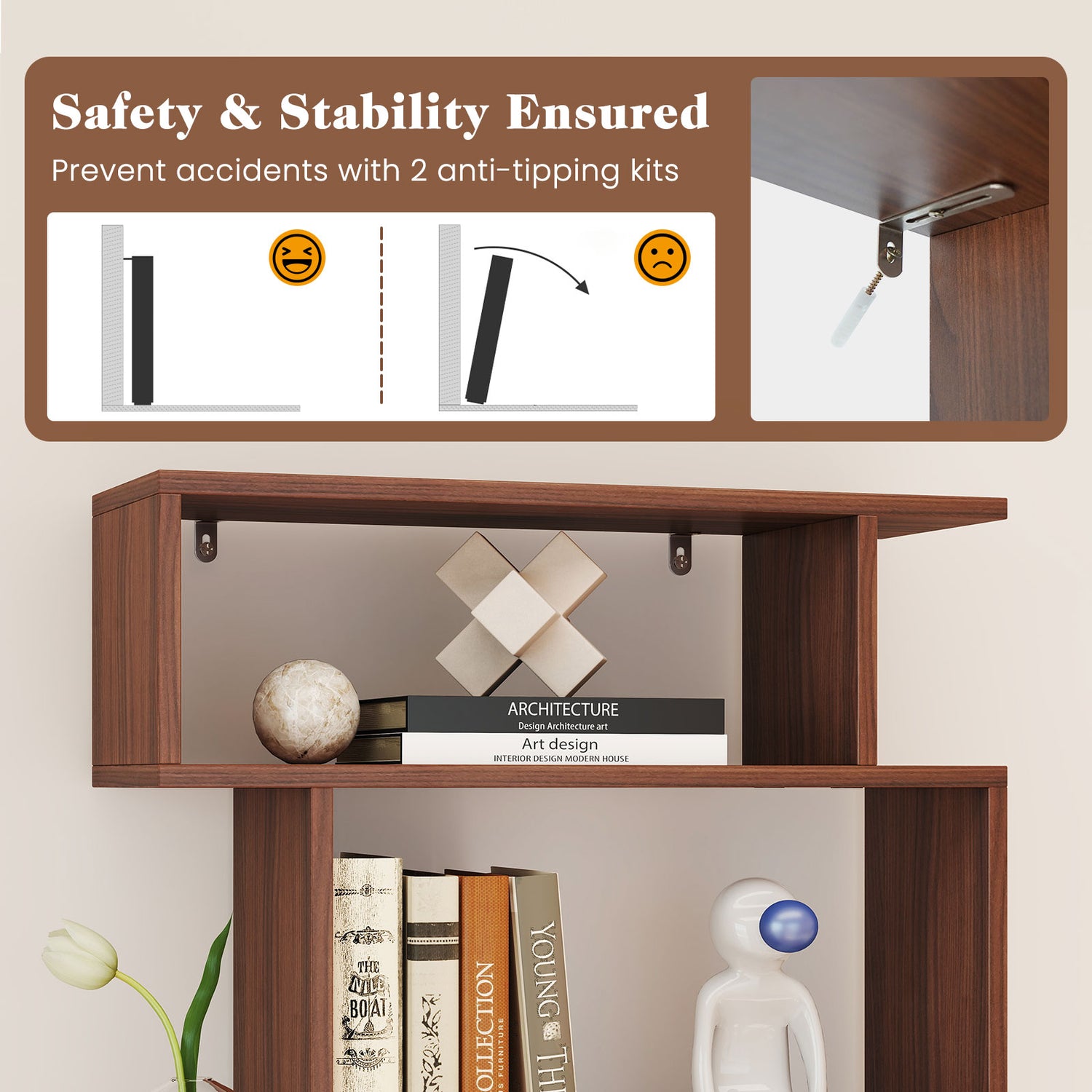 6-Tier Geometric Bookshelf with 2 Anti-Tipping Kits for Home Office