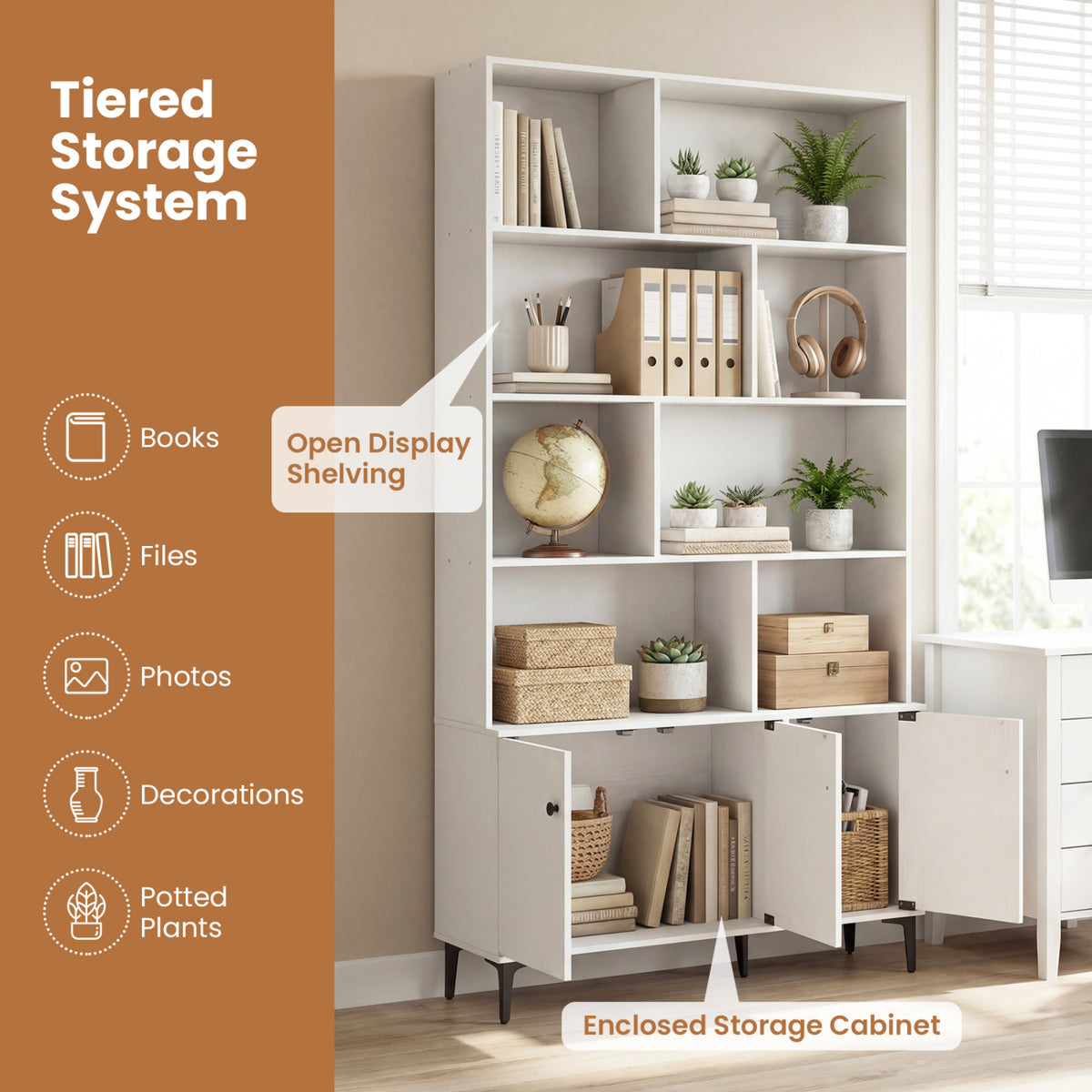 Bookshelf with 3 Doors and 2 Anti-Tipping Kits for Home Office