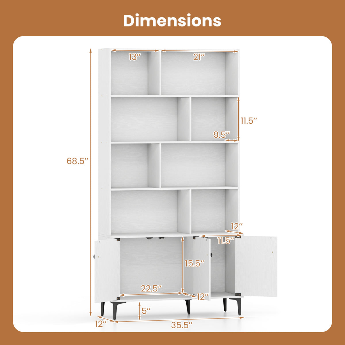 Bookshelf with 3 Doors and 2 Anti-Tipping Kits for Home Office