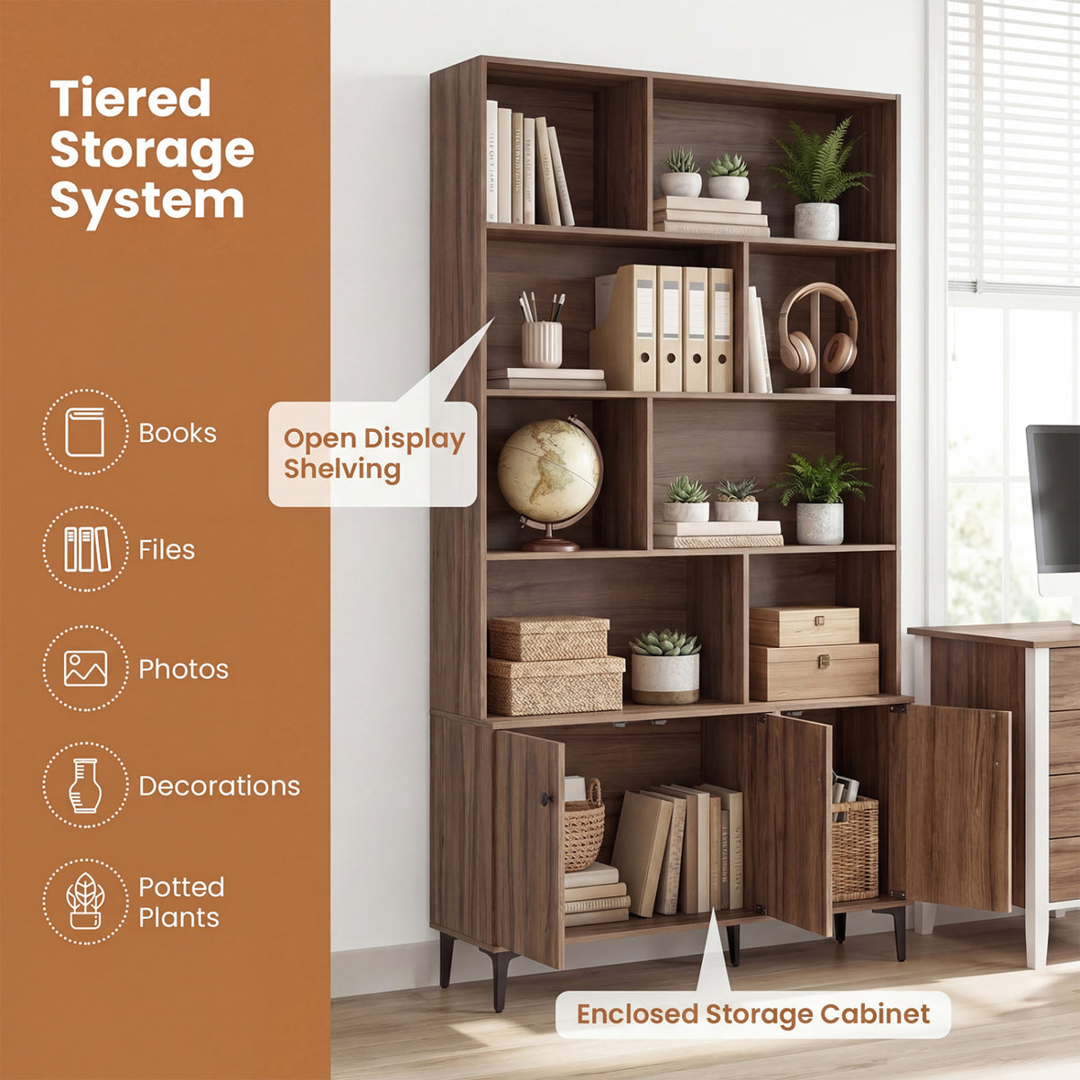 Bookshelf with 3 Doors and 2 Anti-Tipping Kits for Home Office