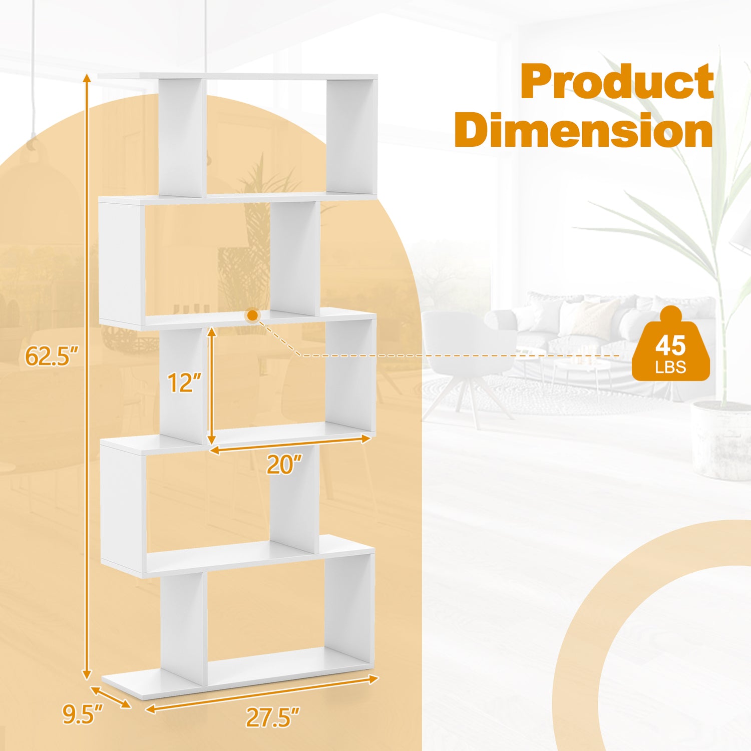 5-Tier Bookshelf with Anti-Toppling Device for Living Room Home Office