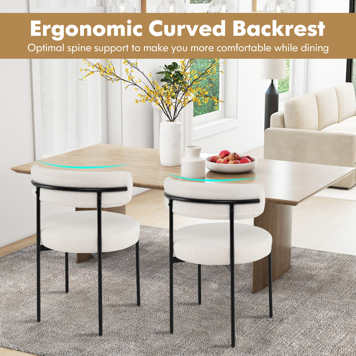 Boucle Dining Chair with Curved Backrest and Metal Legs Set of 4-White