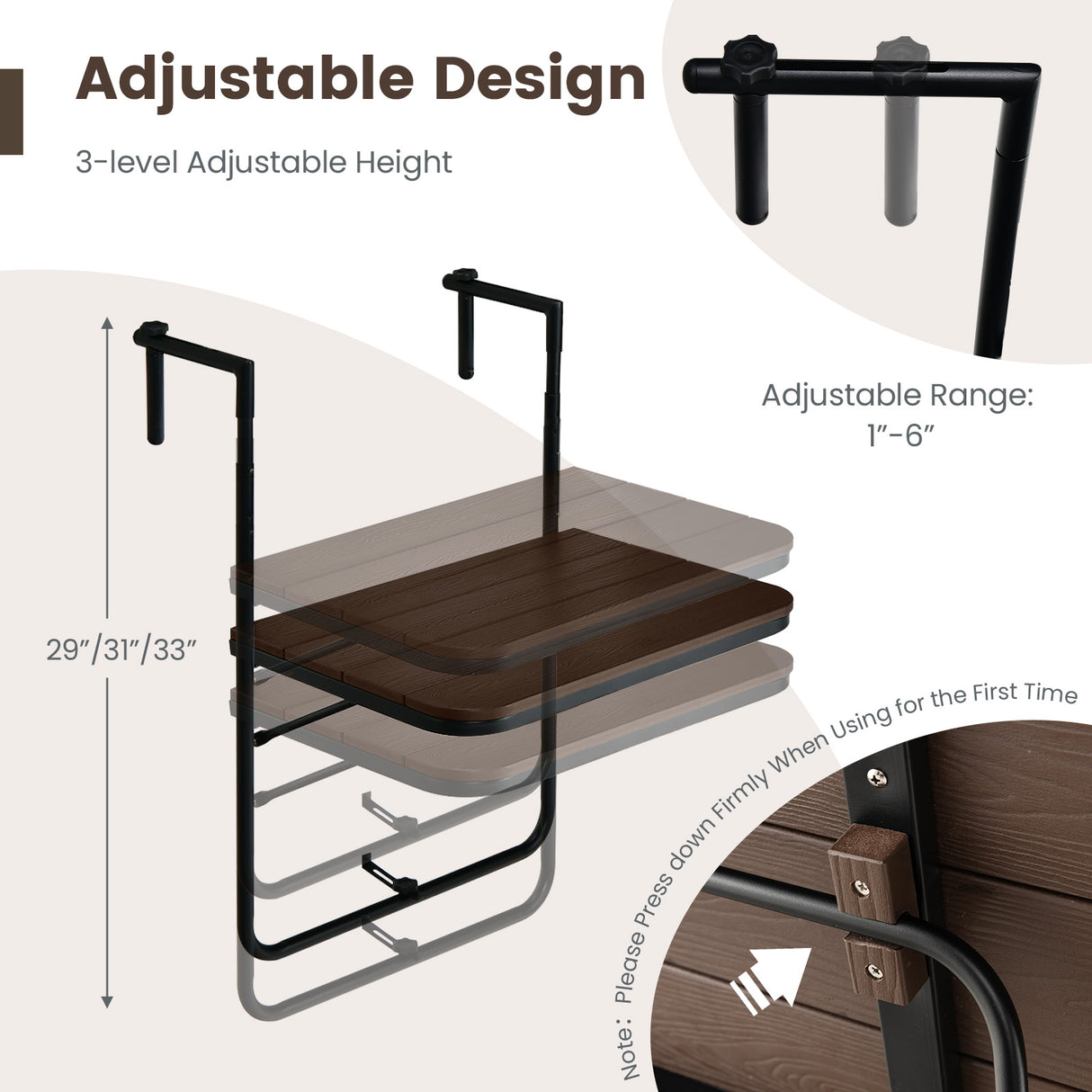 Folding Hanging Table with 3-Level Adjustable Height for Patio Balcony