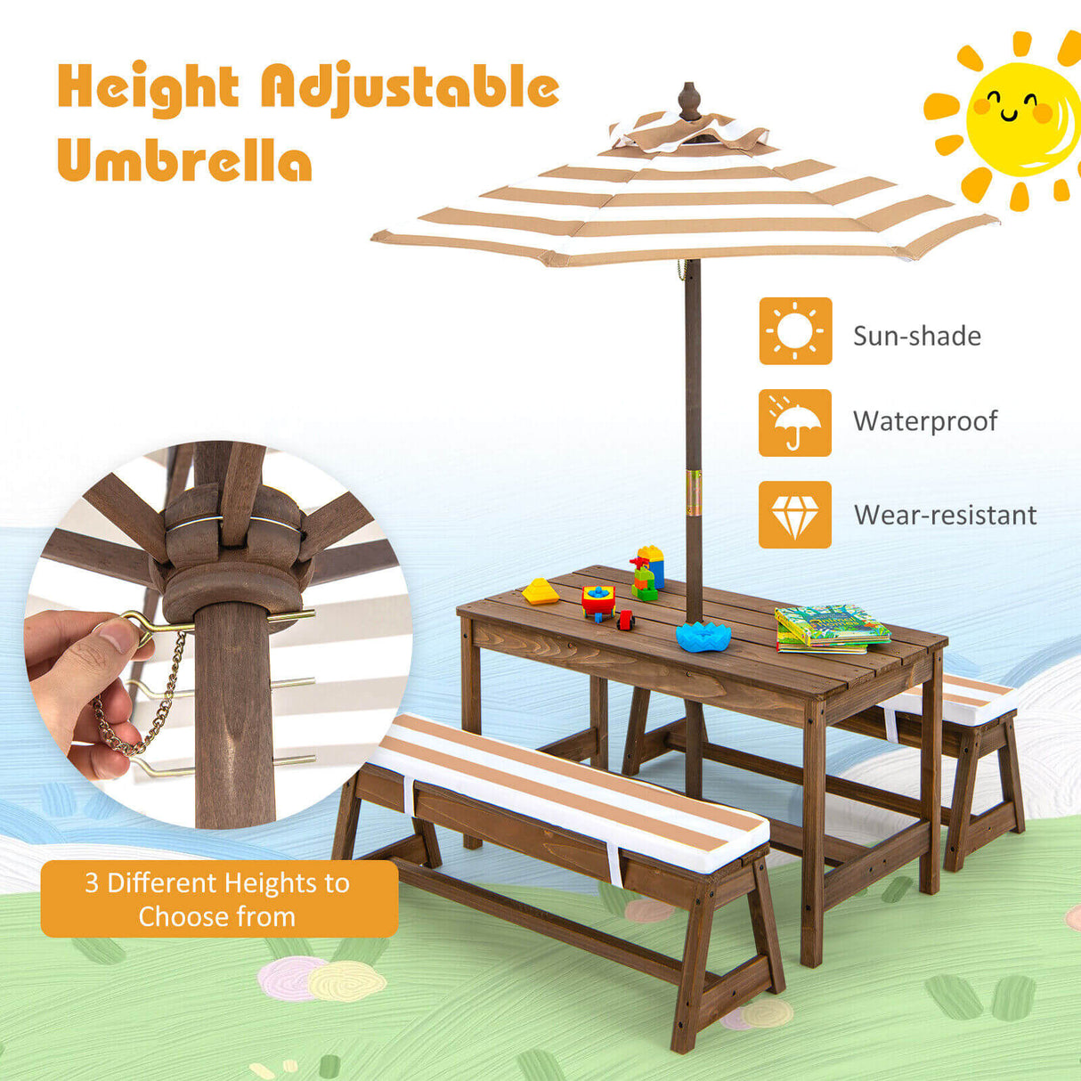 Kids Picnic Table and Bench Set with Cushions and Height Adjustable Umbrella