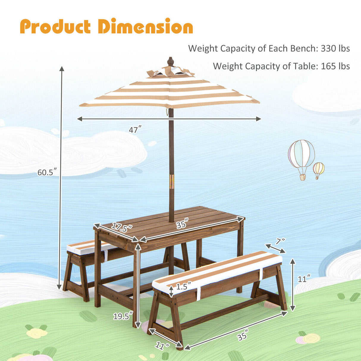Kids Picnic Table and Bench Set with Cushions and Height Adjustable Umbrella
