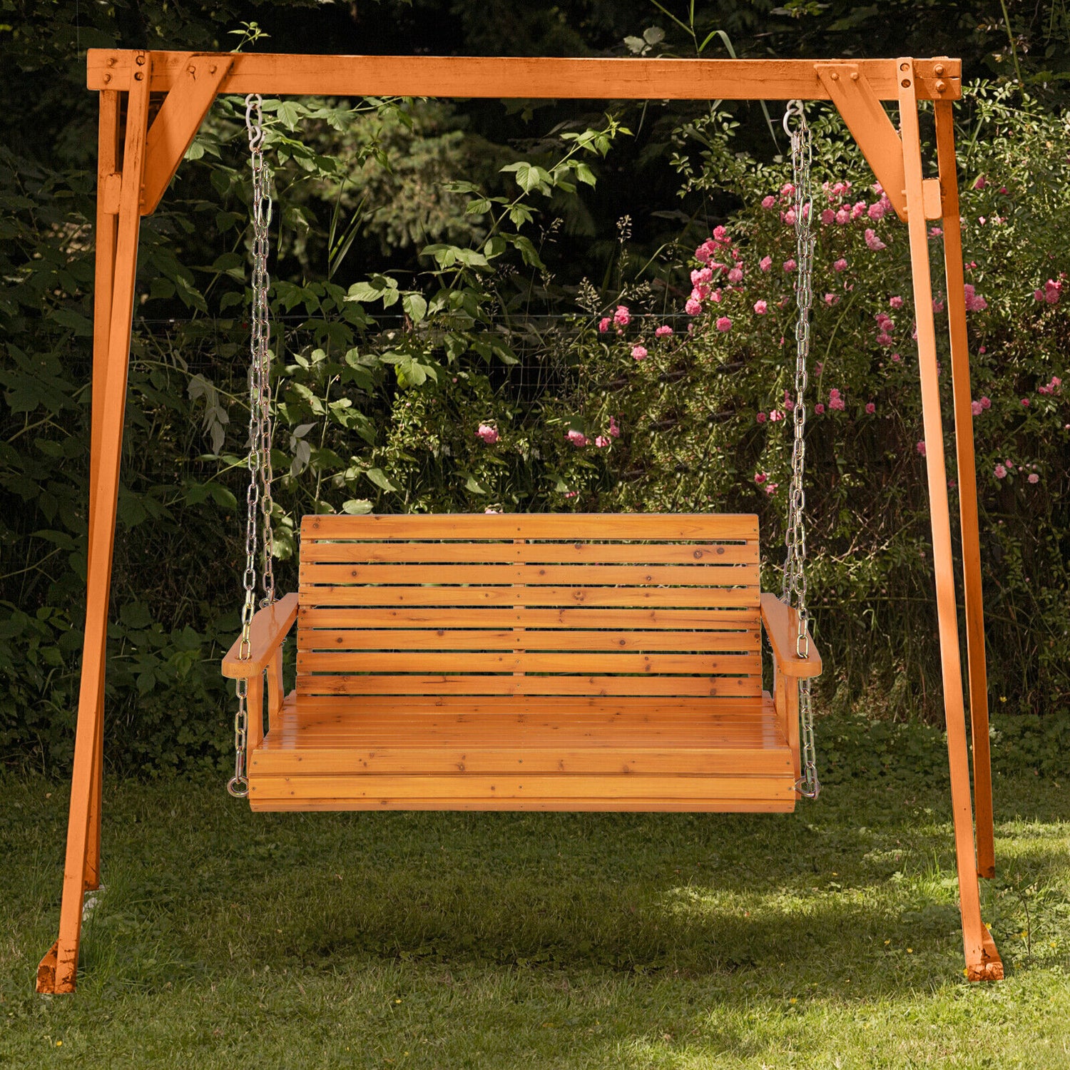 2-Person Wooden Porch Swing with Hanging Chains for Garden Yard-Orange