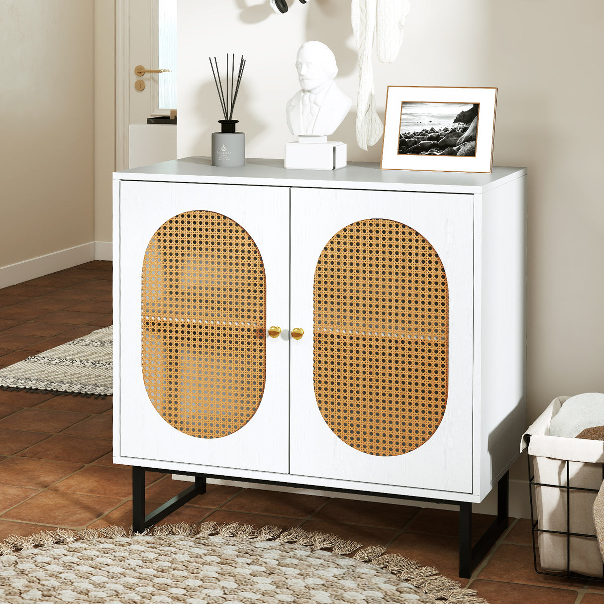 Buffet Cabinet Rattan Storage Cabinet with 2 Doors and Adjustable Shelf