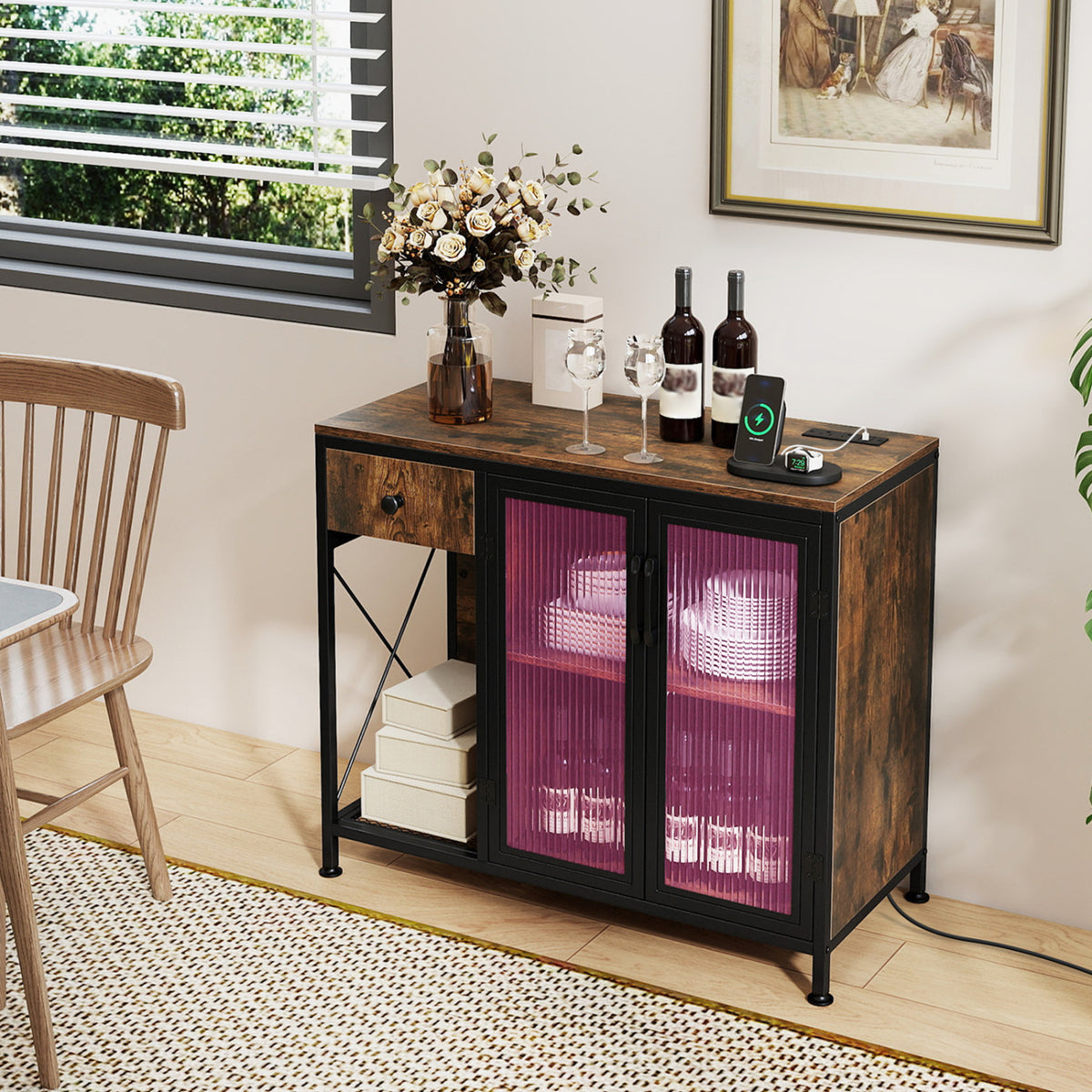 Buffet Sideboard with Doors Power Outlets and LED Light