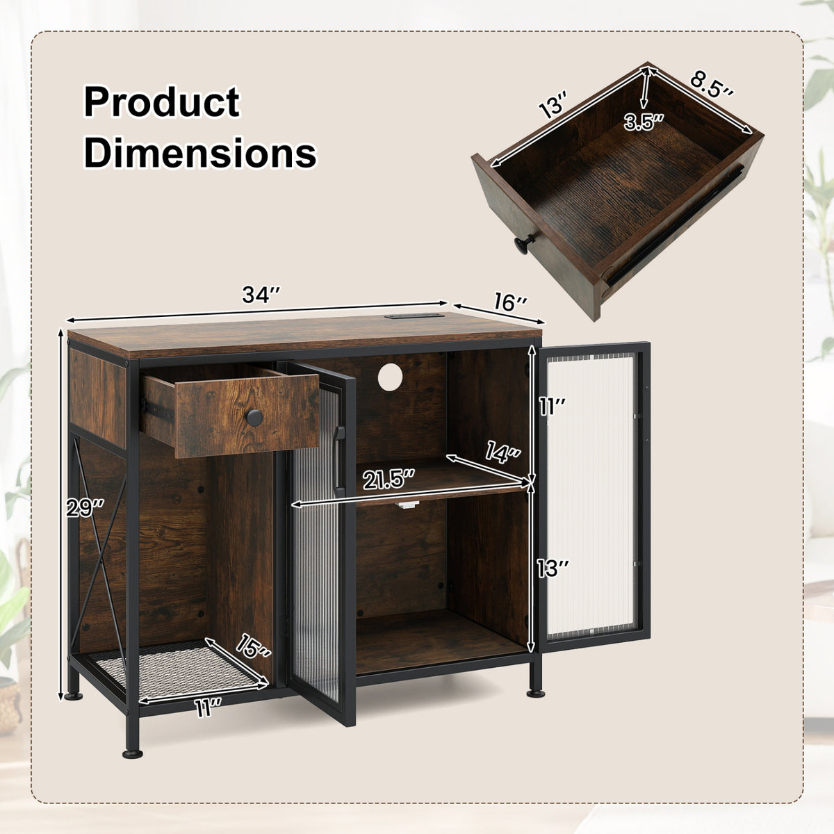 Buffet Sideboard with Doors Power Outlets and LED Light