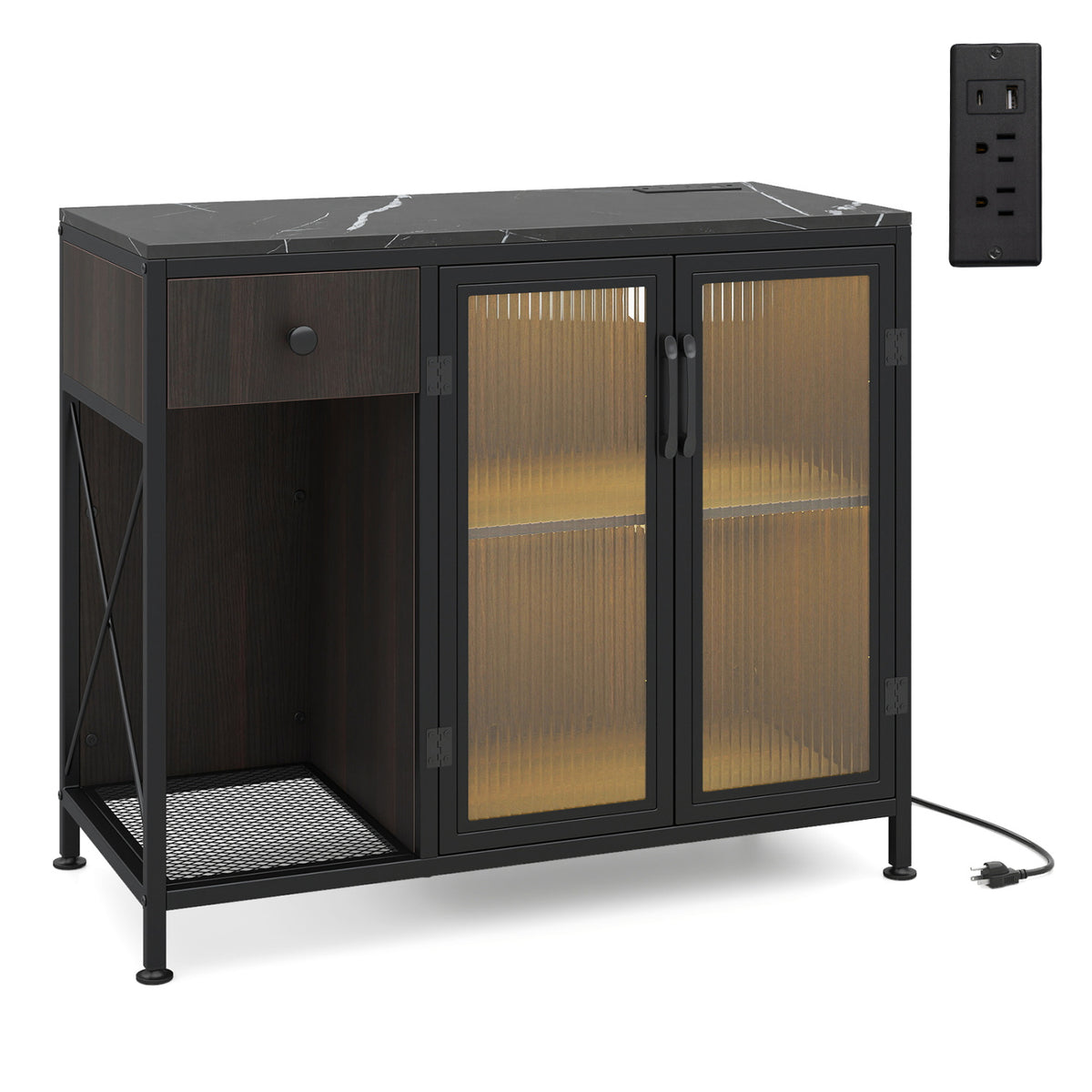 Buffet Sideboard with Doors Power Outlets and LED Light