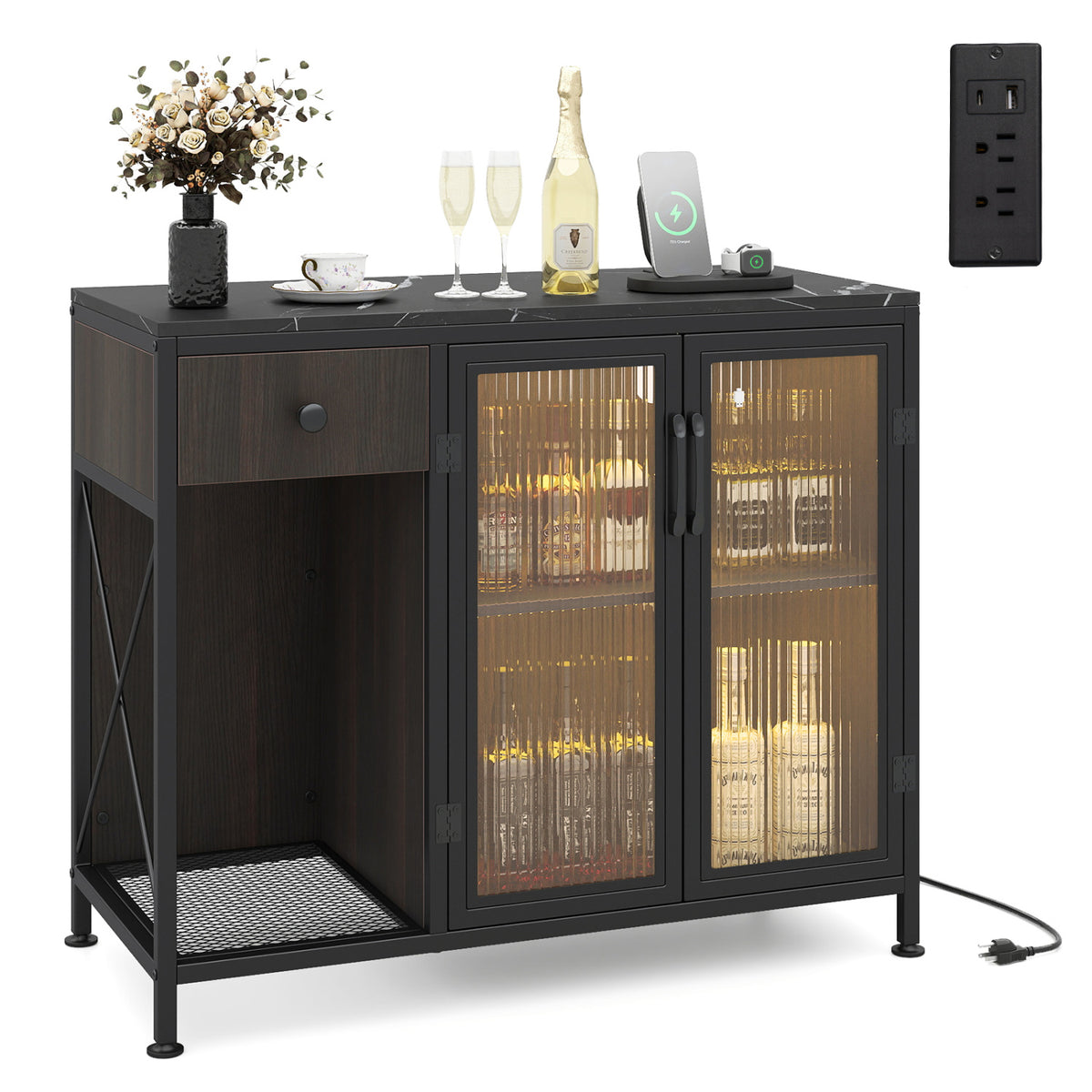 Buffet Sideboard with Doors Power Outlets and LED Light