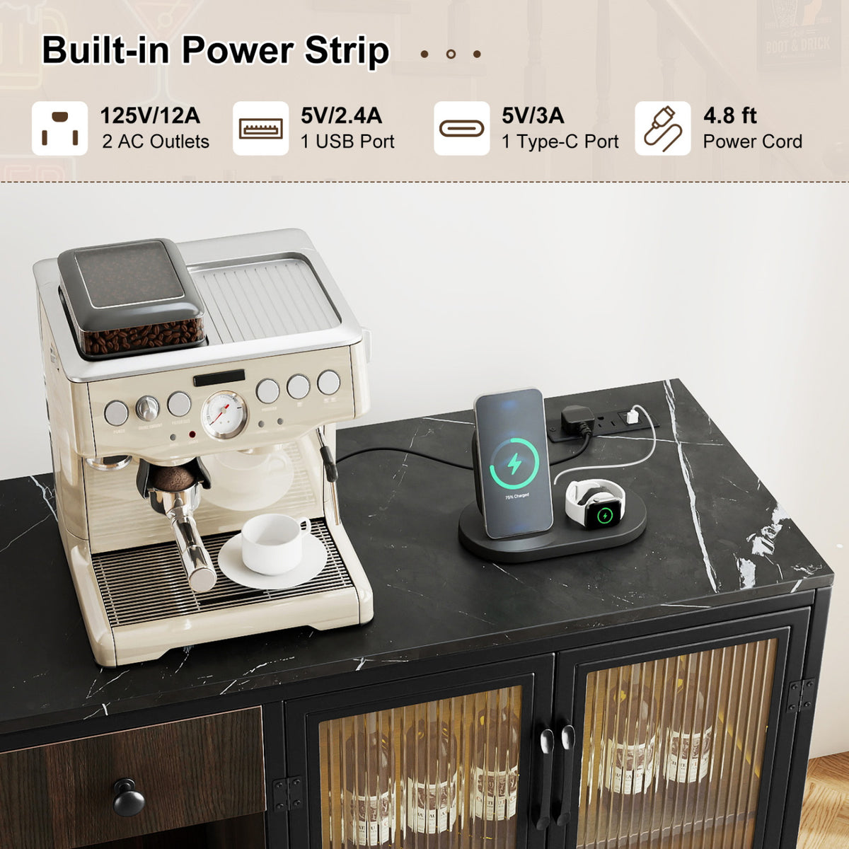 Buffet Sideboard with Doors Power Outlets and LED Light