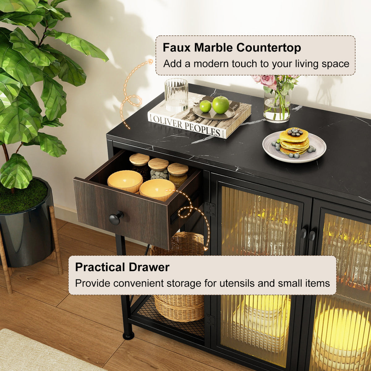Buffet Sideboard with Doors Power Outlets and LED Light