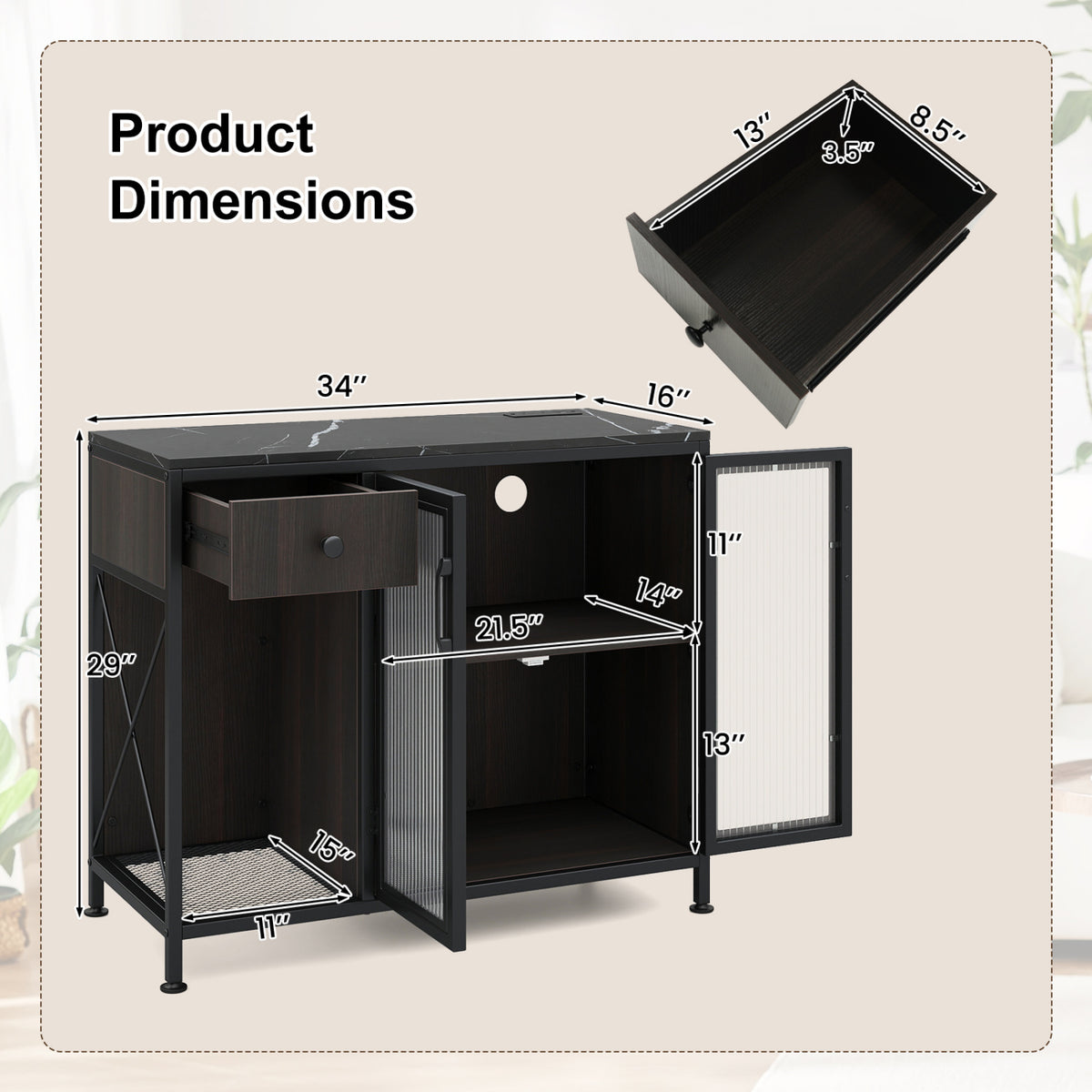 Buffet Sideboard with Doors Power Outlets and LED Light