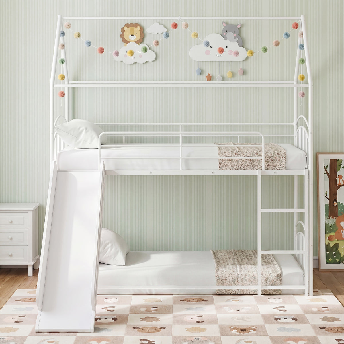 Bunk Bed Twin Over Twin House Bunk Bed Frame with Metal Slats