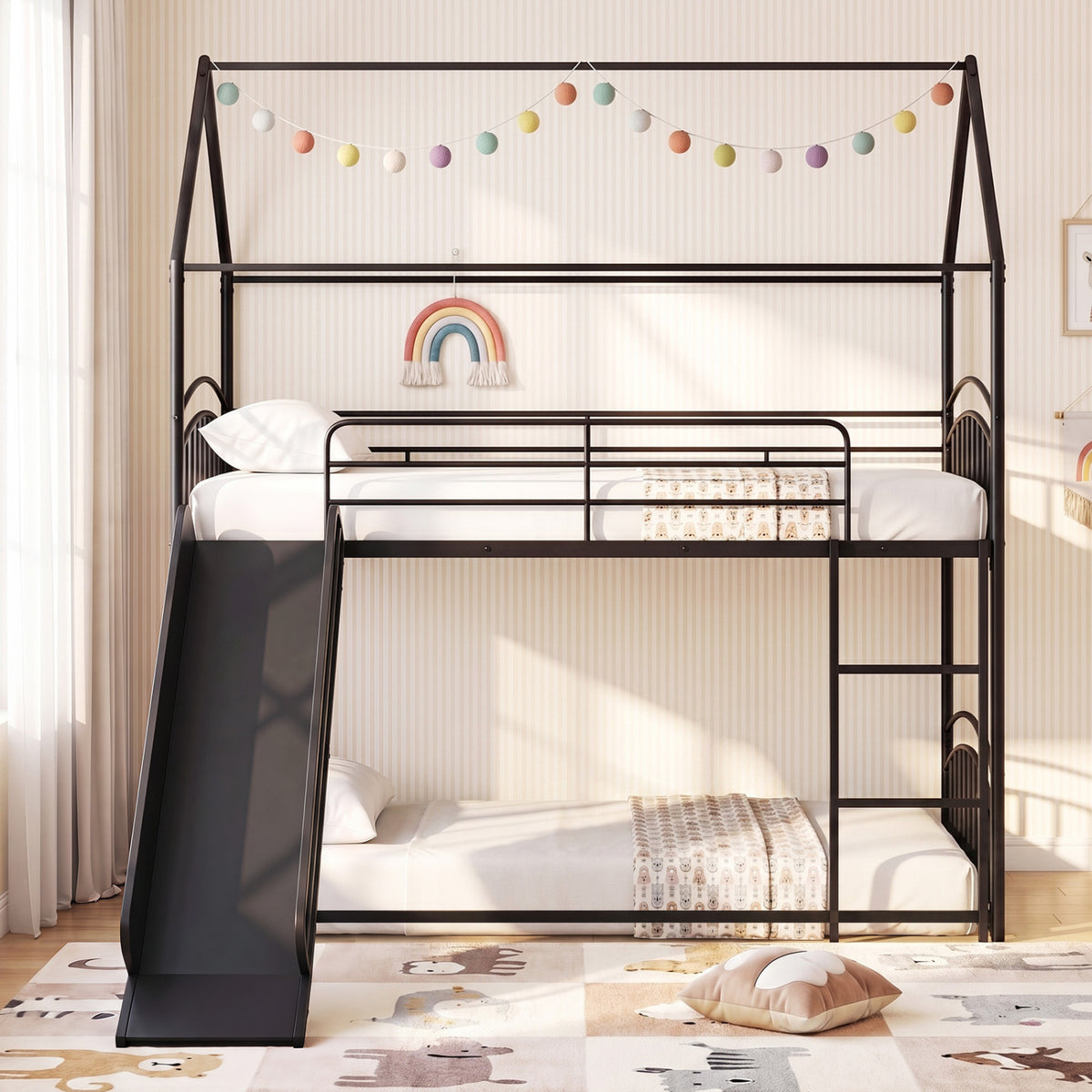 Bunk Bed Twin Over Twin House Bunk Bed Frame with Metal Slats