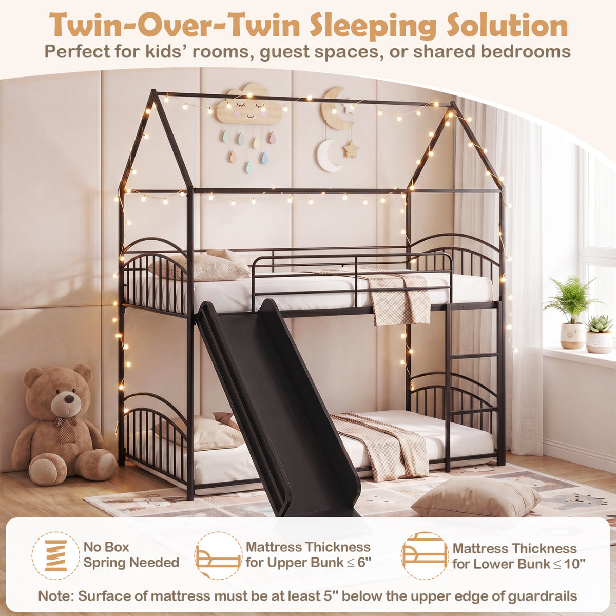 Bunk Bed Twin Over Twin House Bunk Bed Frame with Metal Slats