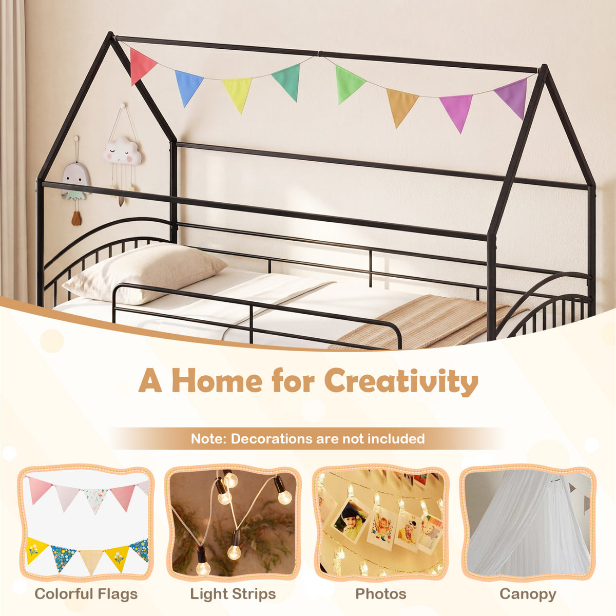 Bunk Bed Twin Over Twin House Bunk Bed Frame with Metal Slats
