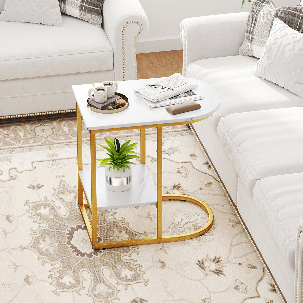 C-shaped Modern Sofa Side Table with Faux Marble Tabletop and Storage Shelf