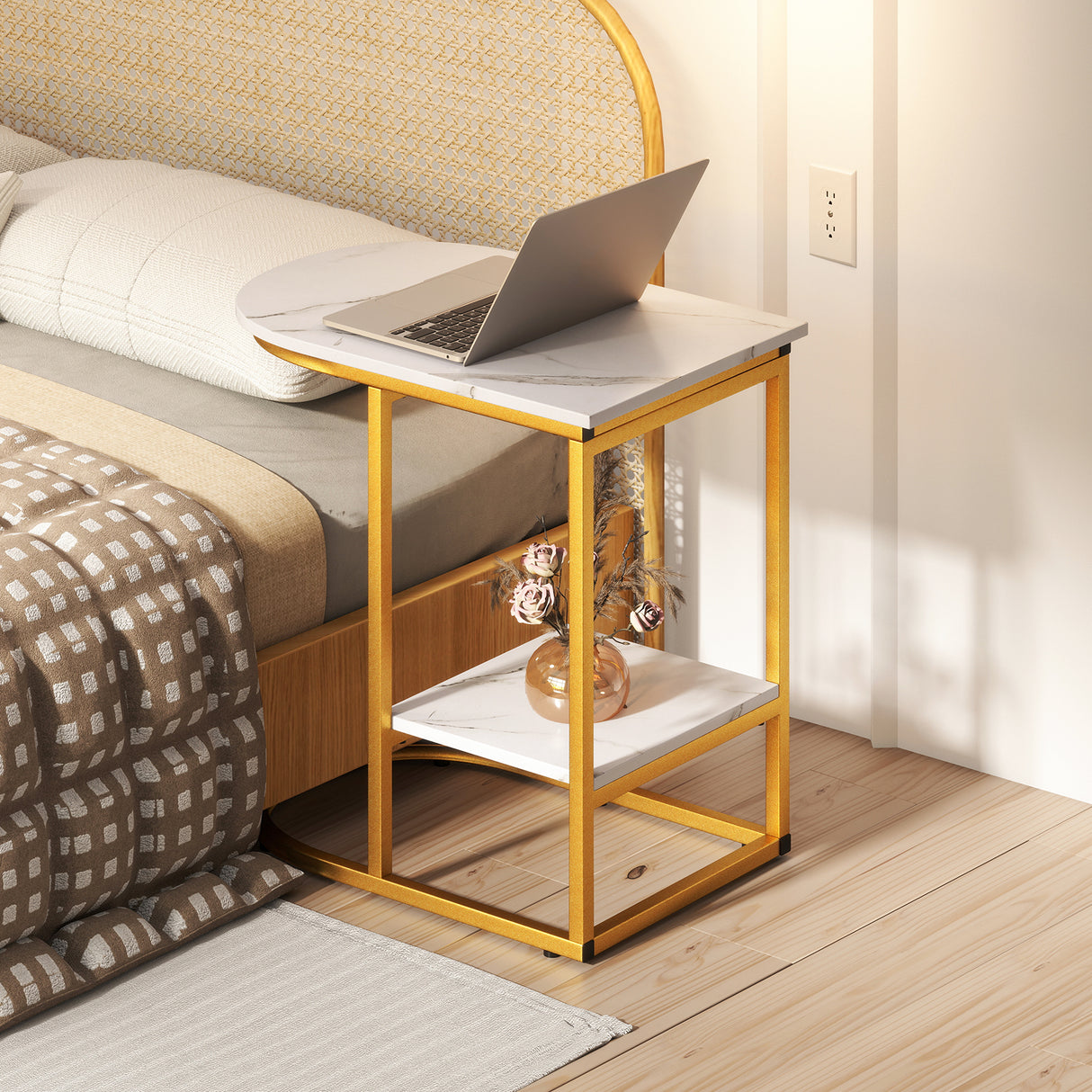 C-shaped Modern Sofa Side Table with Faux Marble Tabletop and Storage Shelf