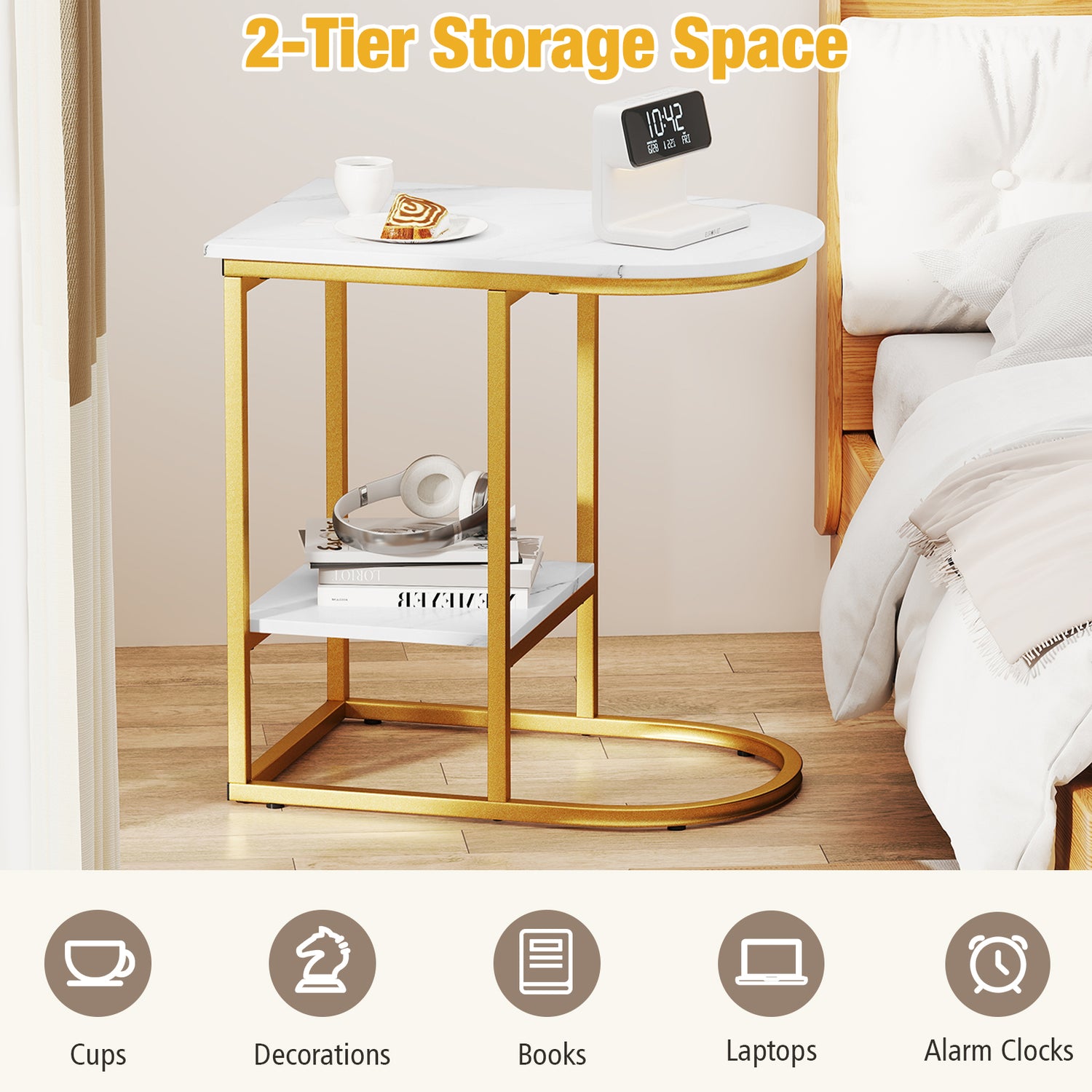 C-shaped Modern Sofa Side Table with Faux Marble Tabletop and Storage Shelf
