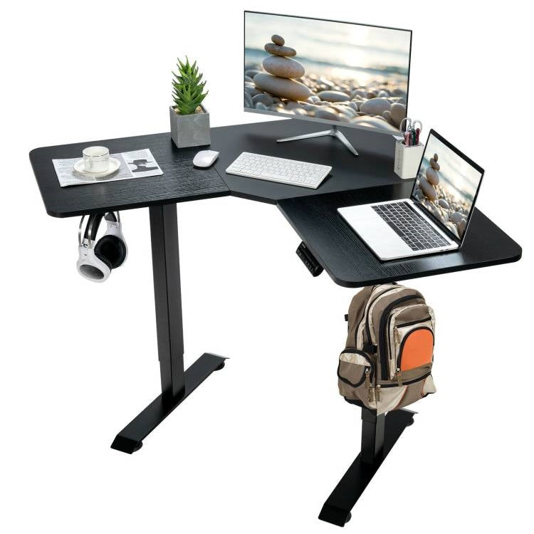 Black L-shaped Corner Desk for Sitting or Standing with Electric Lift