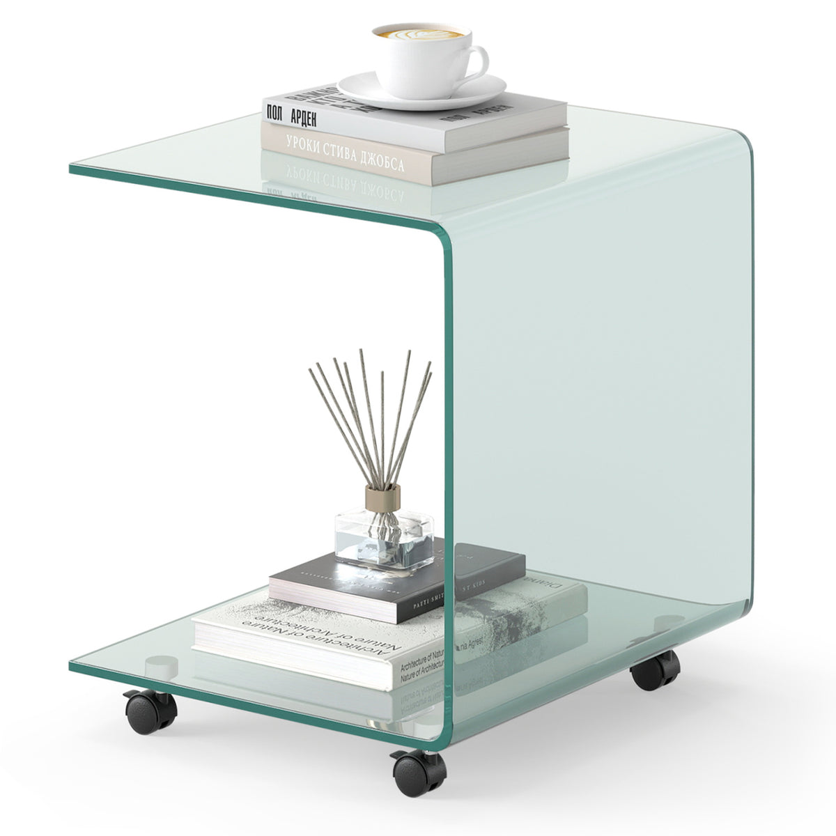 C-Shaped End Table Modern Tempered Glass Side Table with Shelf