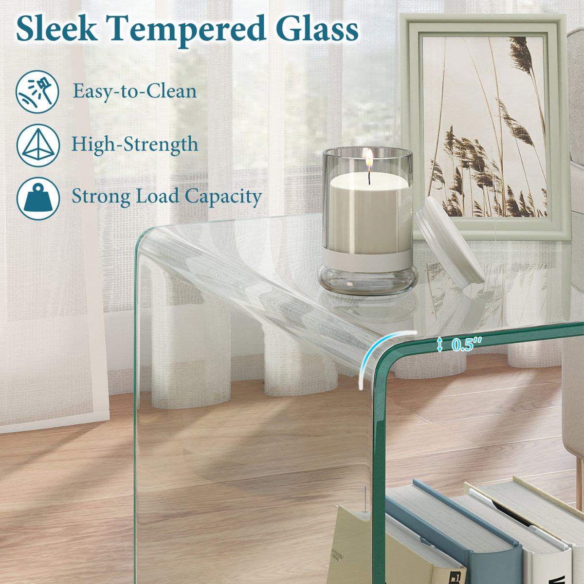 C-Shaped End Table Modern Tempered Glass Side Table with Shelf