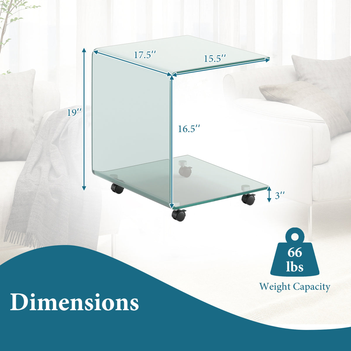 C-Shaped End Table Modern Tempered Glass Side Table with Shelf